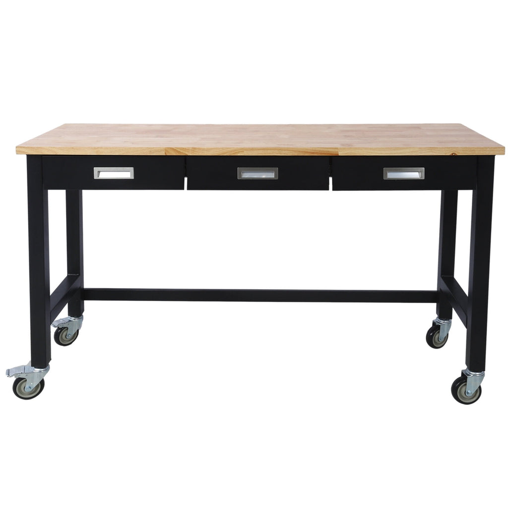 Office Desks 60in Work Bench, Workbench with Drawer Storage, Heavy Duty Bamboo Wood Work Table with Wheels for Garage Home Office,Wooden Office Desks