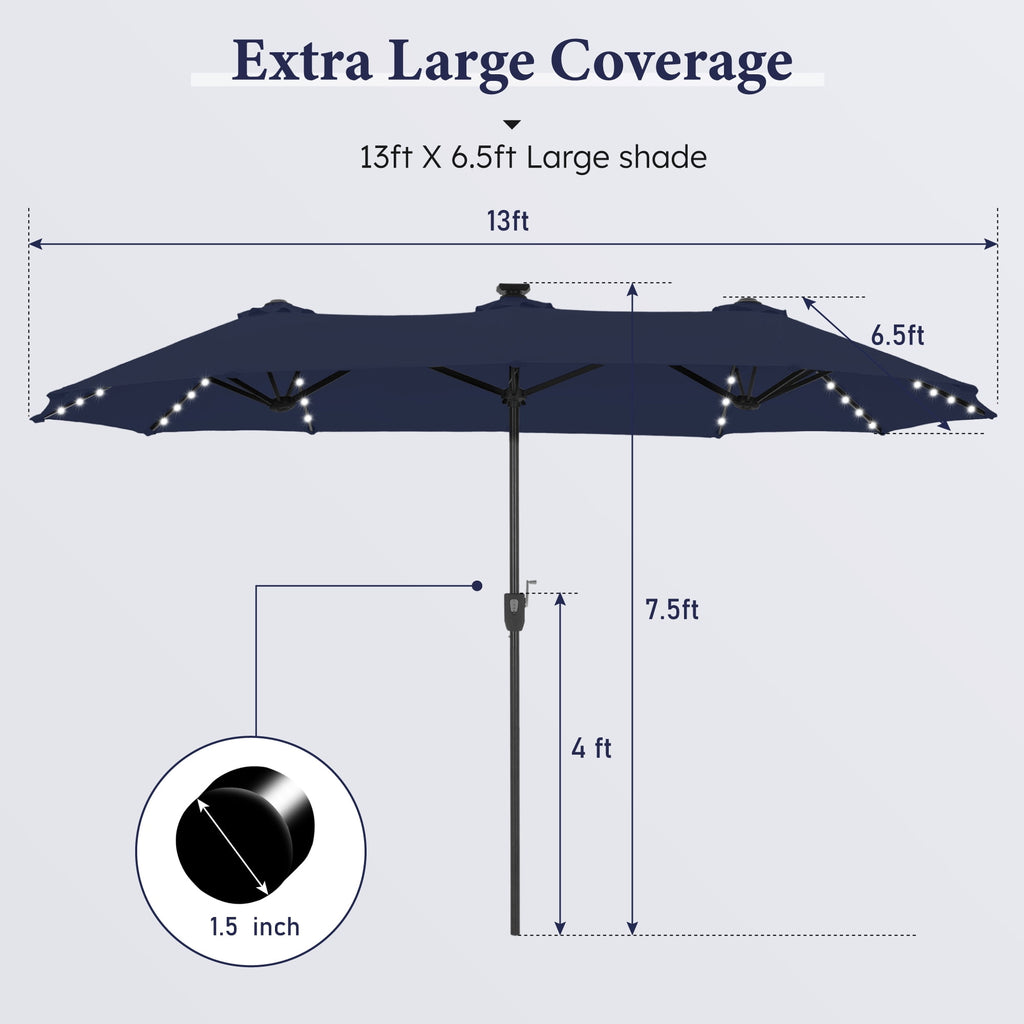 SUMMIT LIVING 13ft Large Patio Umbrella with Multi-Color LED Solar Lights Double-Sided Rectangular Outdoor Table Umbrella – Beige
