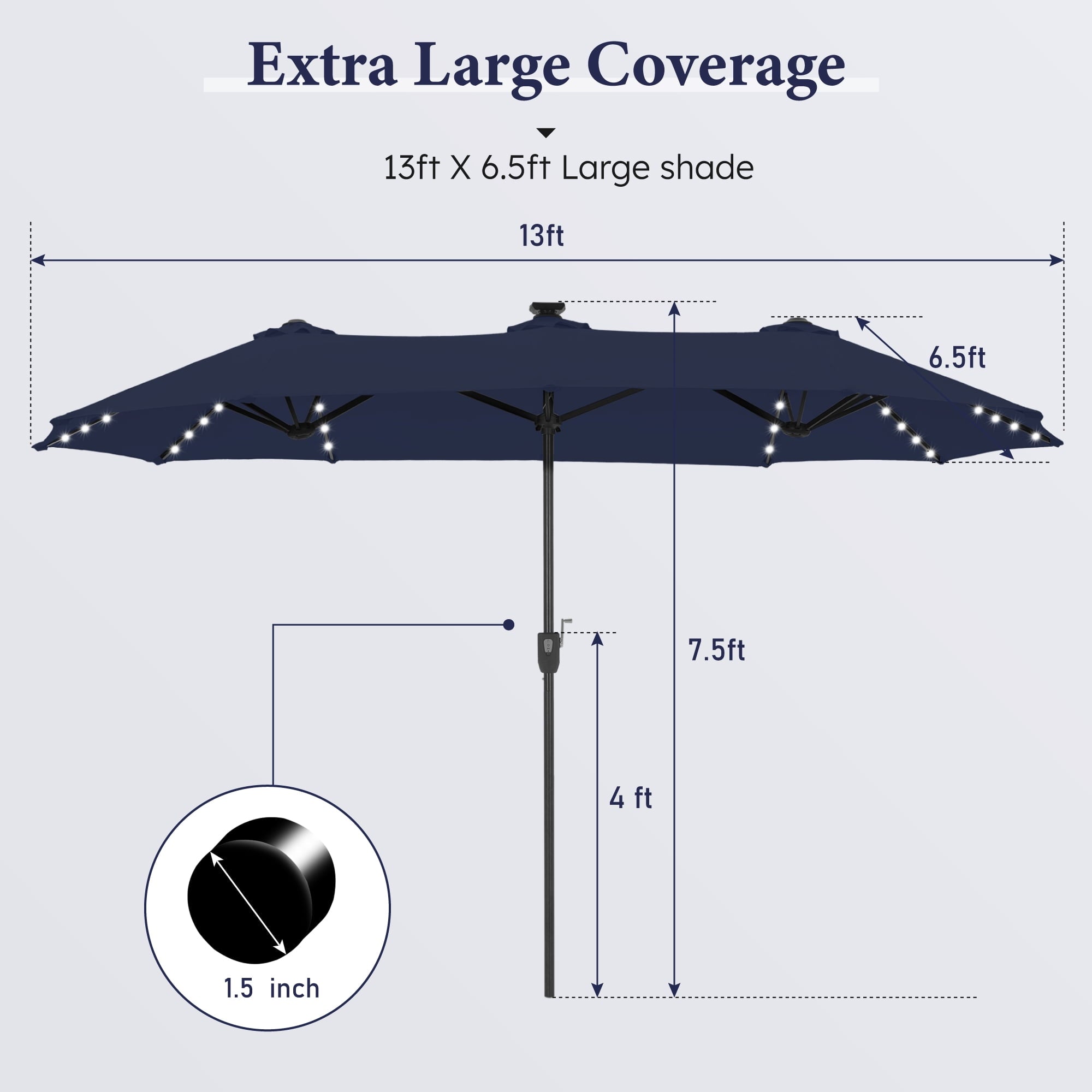 SUMMIT LIVING 13ft Large Patio Umbrella with Multi-Color LED Solar Lights Double-Sided Rectangular Outdoor Table Umbrella – Beige