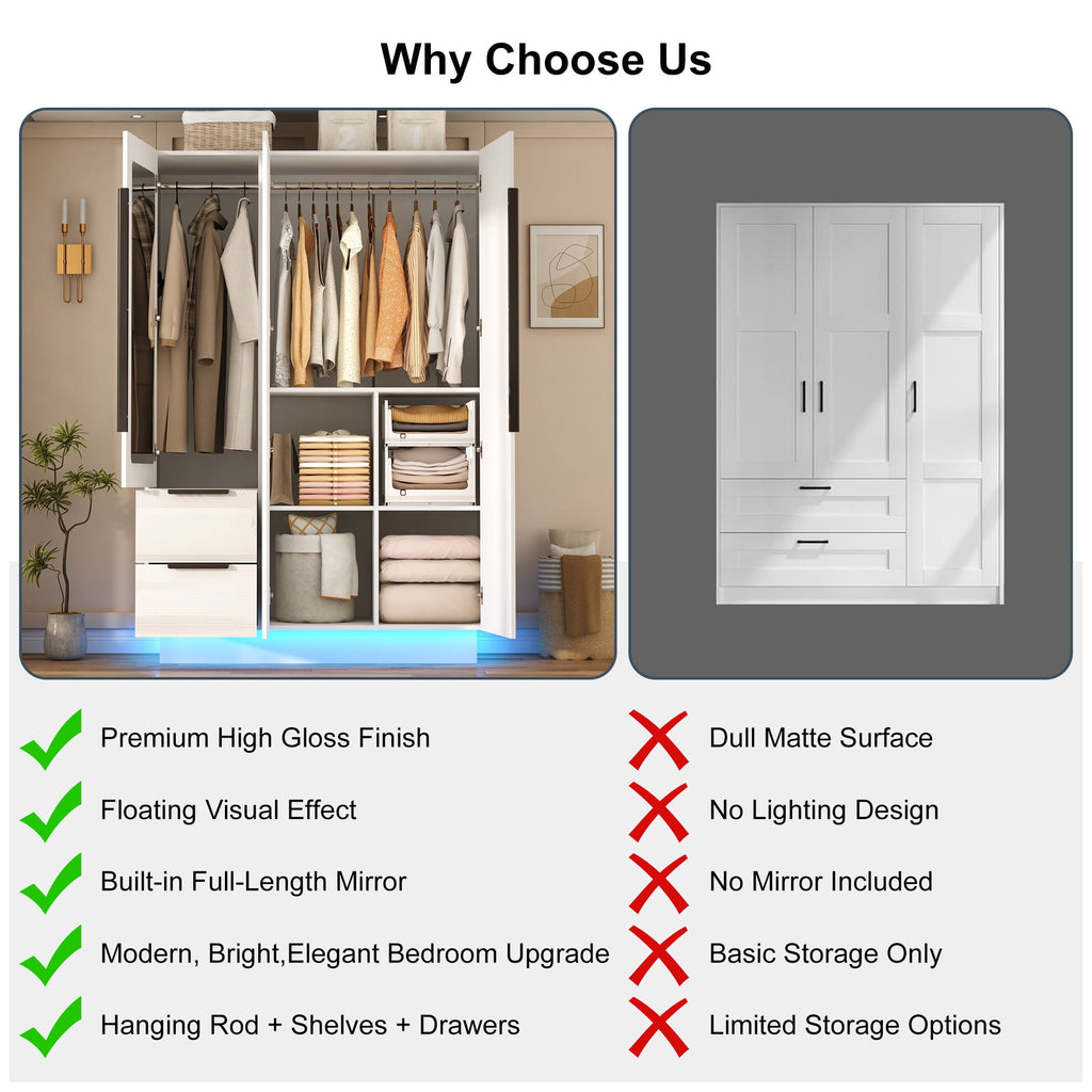 ANPOO 3 Door Wardrobe Closet with 2 Drawers & Mirror, 70H High Gloss LED Wardrobe Armoire with Hanging Rod, Wooden Large Freestanding Storage Wardrobe for Bedroom, High Gloss White Armoire