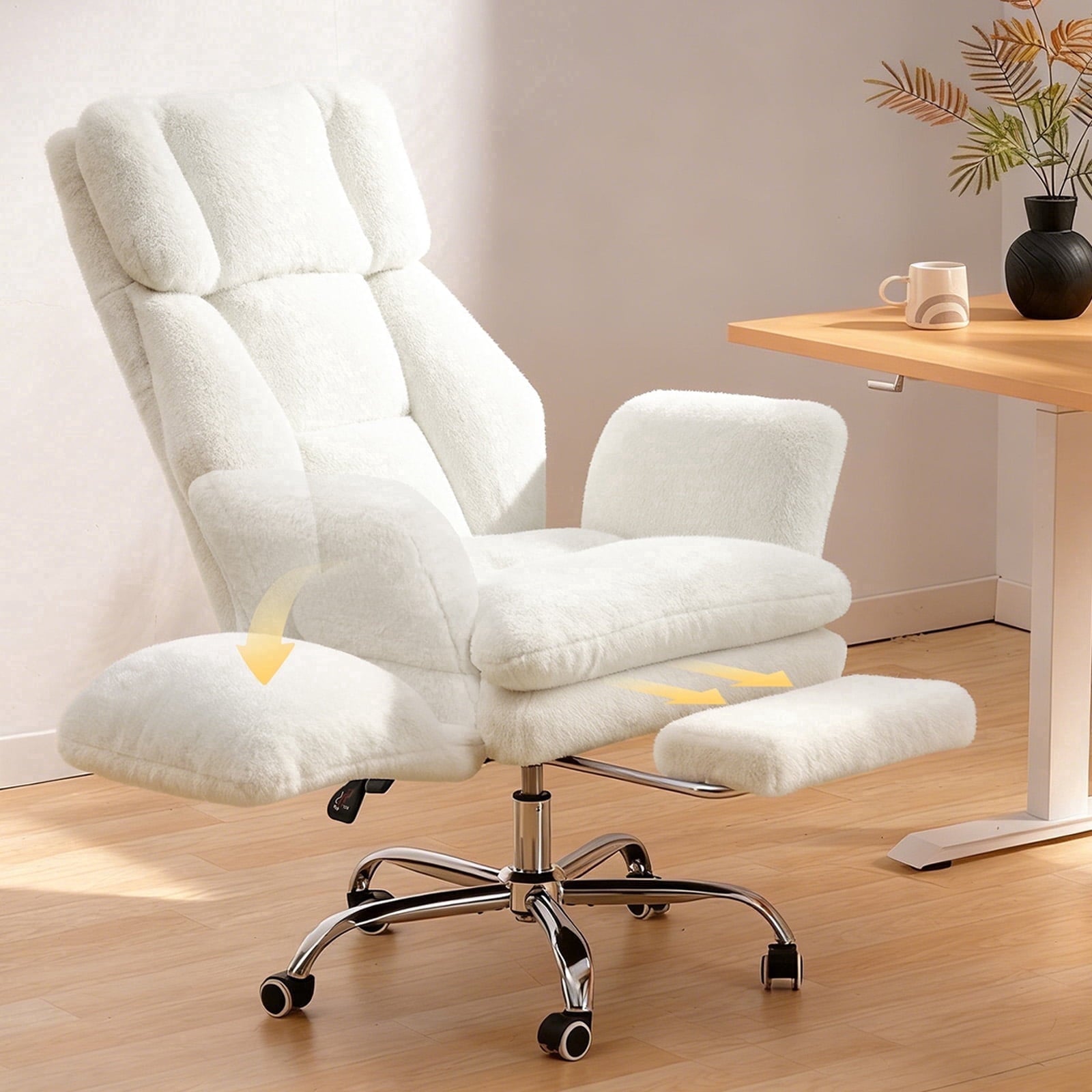 Patbrela Big and Tall Office Chair, Cloud Plush Swivel Desk Chair with 6-Level Adjustable Armrests, Home Ergonomic Executive Office Chair for Work, Gaming, Beige