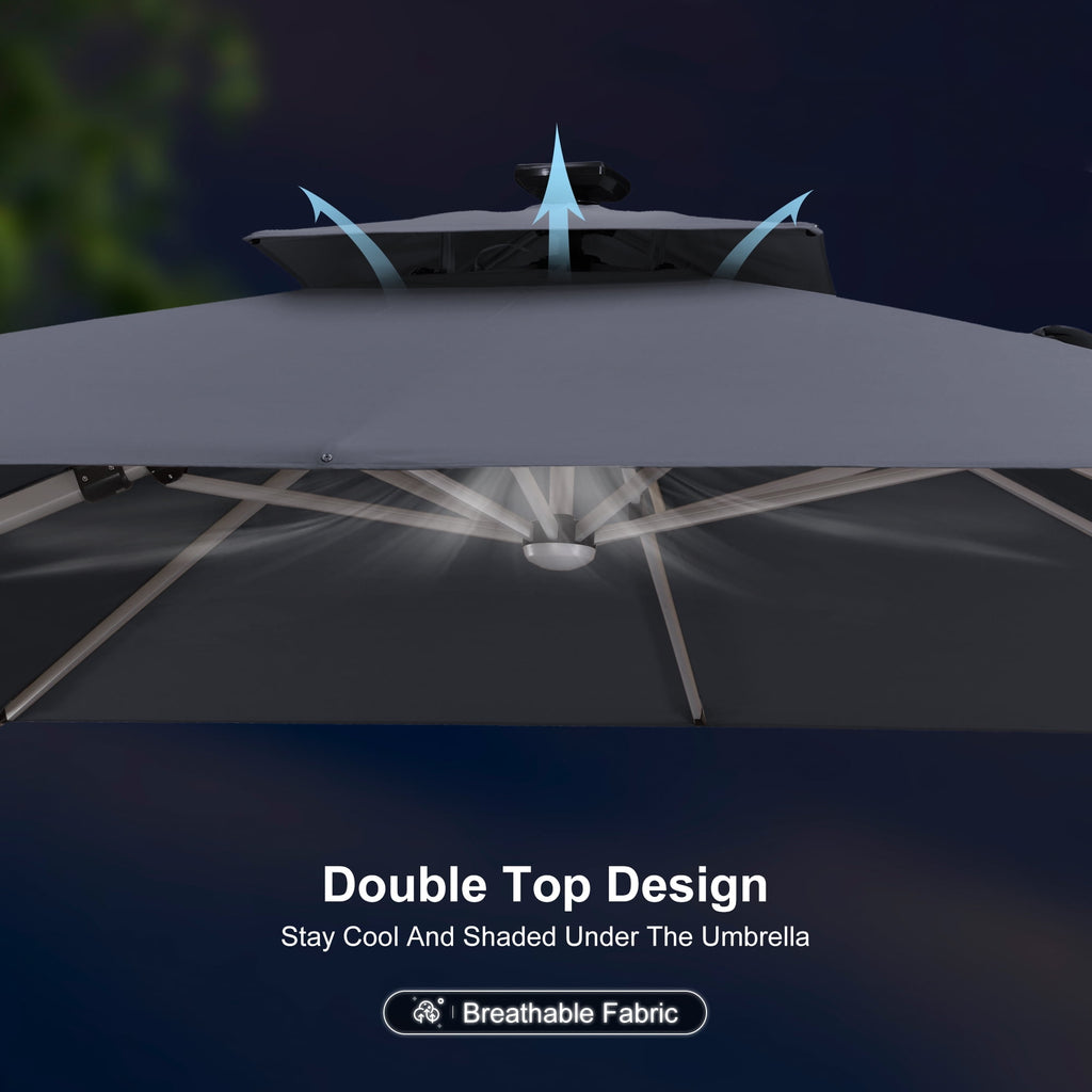 PURPLE LEAF 9 x 12FT Deluxe Rectangle Solar Powered LED Patio Umbrella with Base, Large Offset Cantilever Umbrella with 360° Rotation, Navy Blue