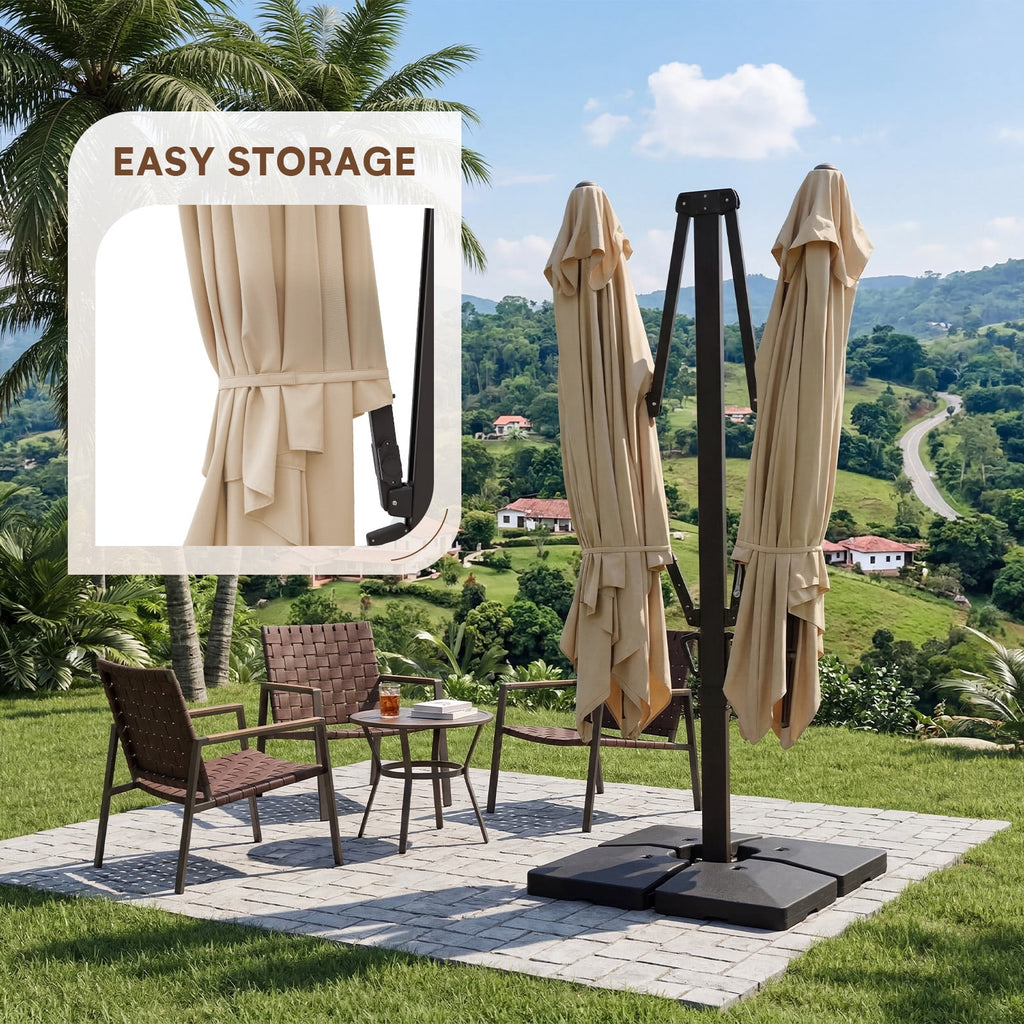 FUNDAZE 10x10ft Double Canopy Cantilever Umbrella, Patio Outdoor with Base & Cover, Waterproof UV Resistant for Garden Poolside Shade, Beige