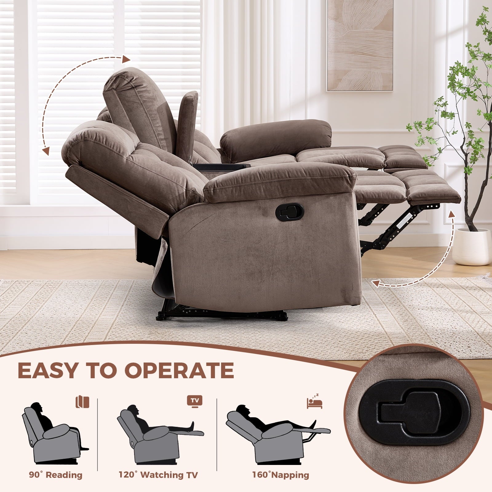 Bonzy Home Brown Manual Recliner Sofa Set with Single Seat, Loveseat, Hidden Storage and Cup Holders