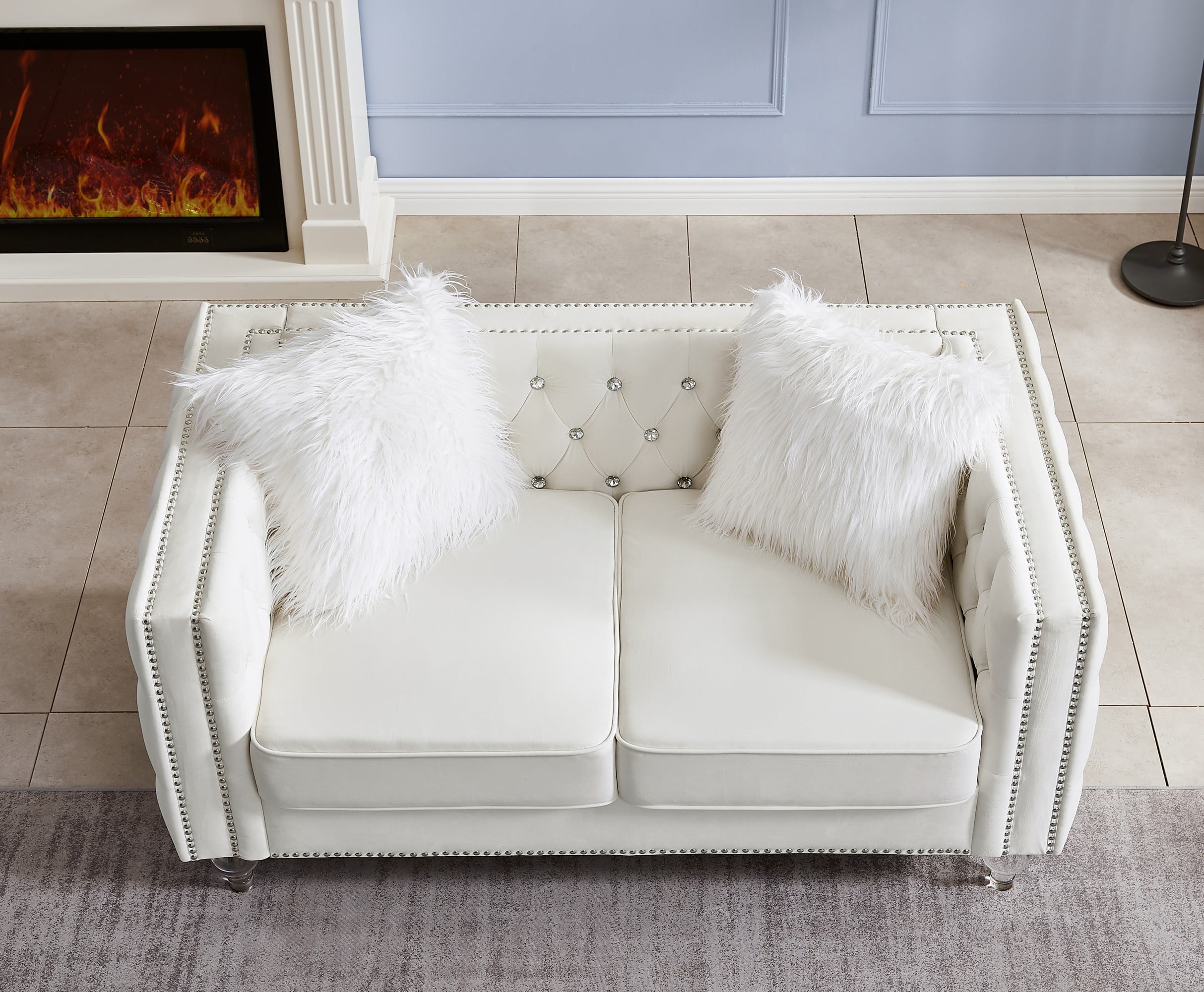 Gewnee 86.6 Modern Sofa Couch,Teddy Velvet 3 Seaters Comfy Couch with Deep Seat for Living Room,2 Pillows,Beige