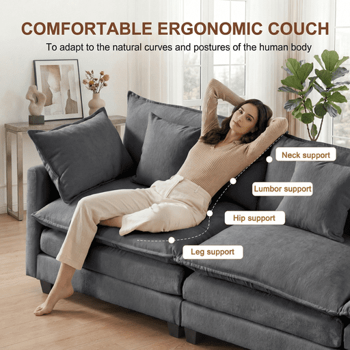 Dioepic Cloud Chenille 3-Seat Living Room Sectional Sofa Modern Cloud Couch 111.4 with Ottoman & 3 Pillows, Grey