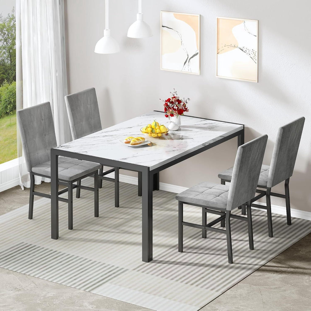 MOOSENG 5-Piece Dining Table Set with Faux Marble Top, Modern Kitchen Table and Set of 4 Grey Velvet Upholstered Chairs, Space-Saving Dinette Set for Small Spaces