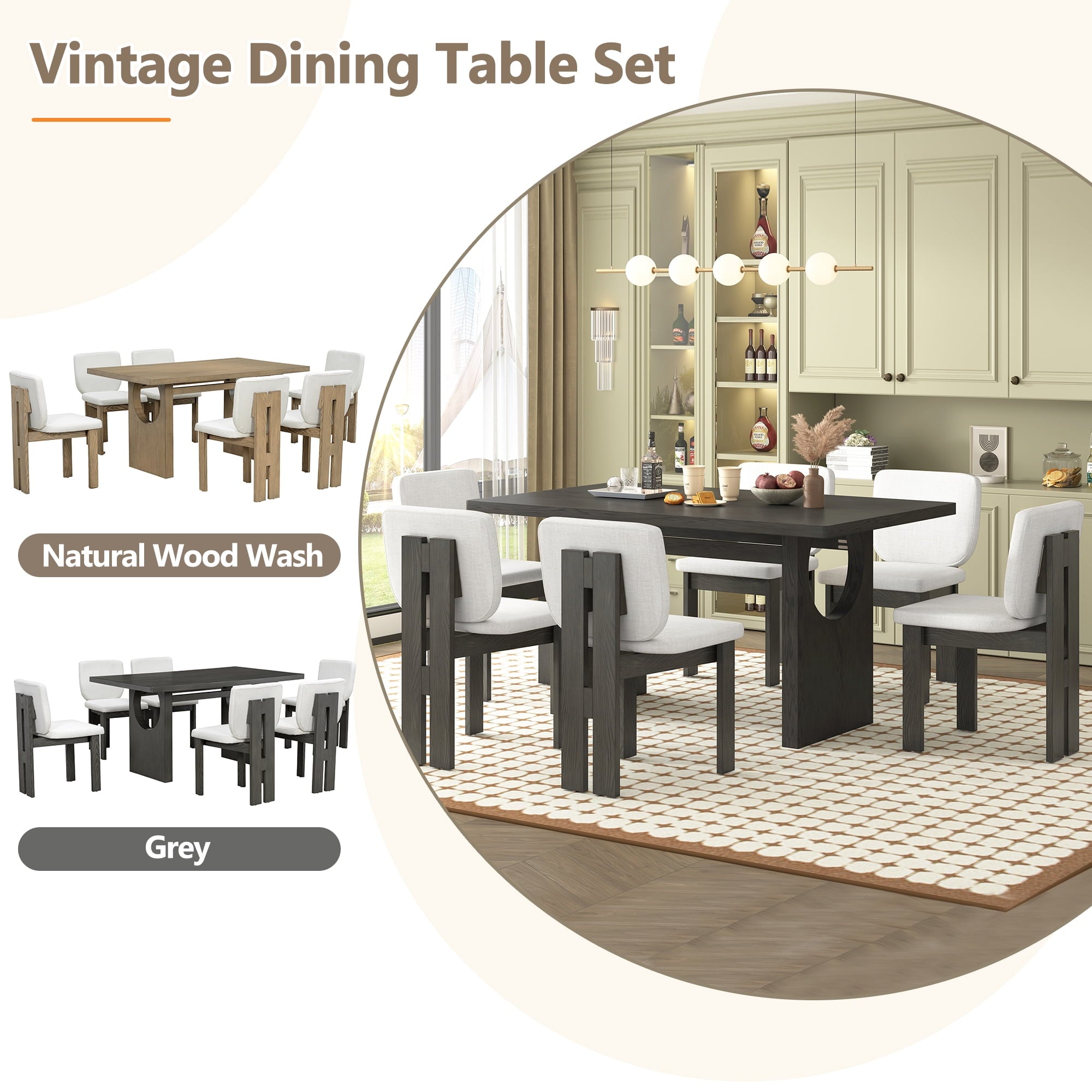 Euroco 7-Piece Dining Table Set for 6, 59 Kitchen Table Set with 6 Upholstered Chairs and Wooden Frame,Retro Dining Set for Kitchen Dining Room, Natural