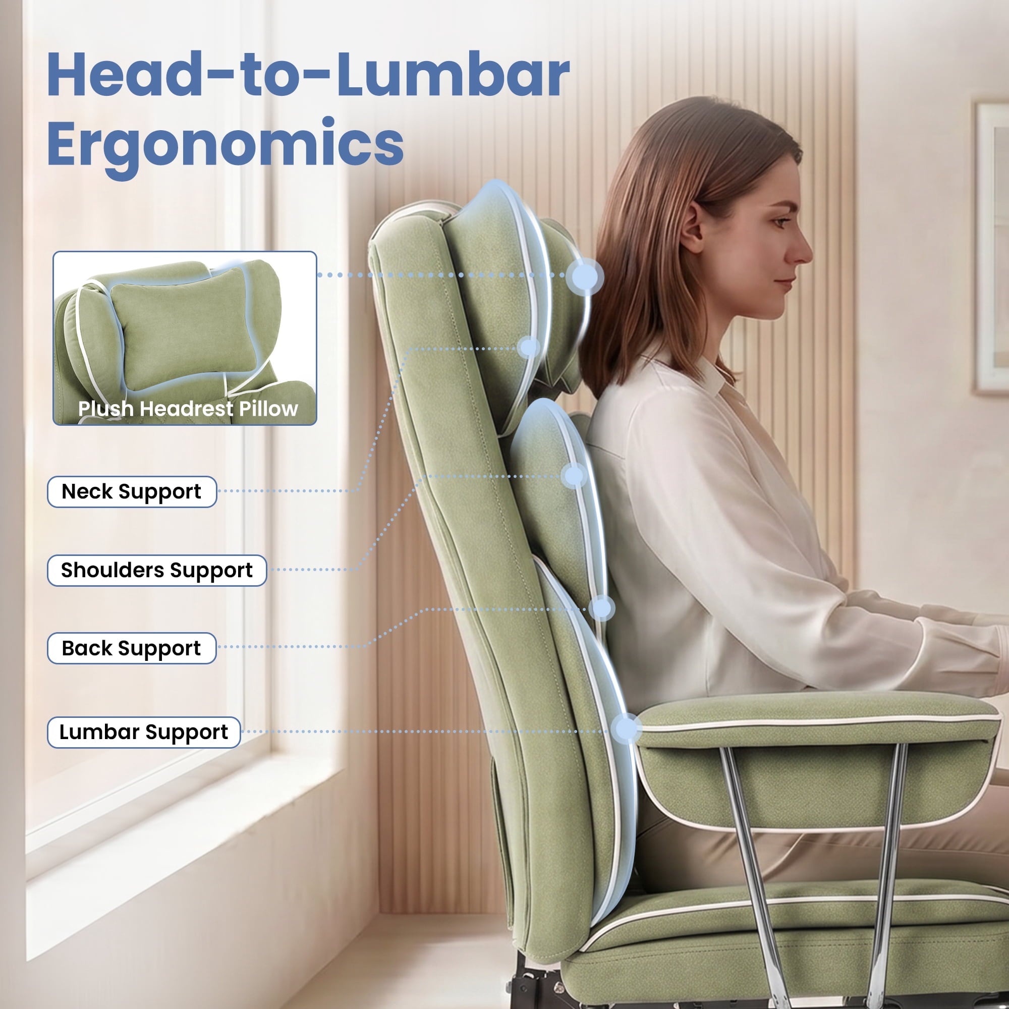 CELTOSS Executive Office Chair 400LBS, High Back Computer Chair with Arms and Footrest, Ergonomic Desk Chair with Lumbar Support, 90–135° Reclining Office Chairs for Home Work, Fabric Blue