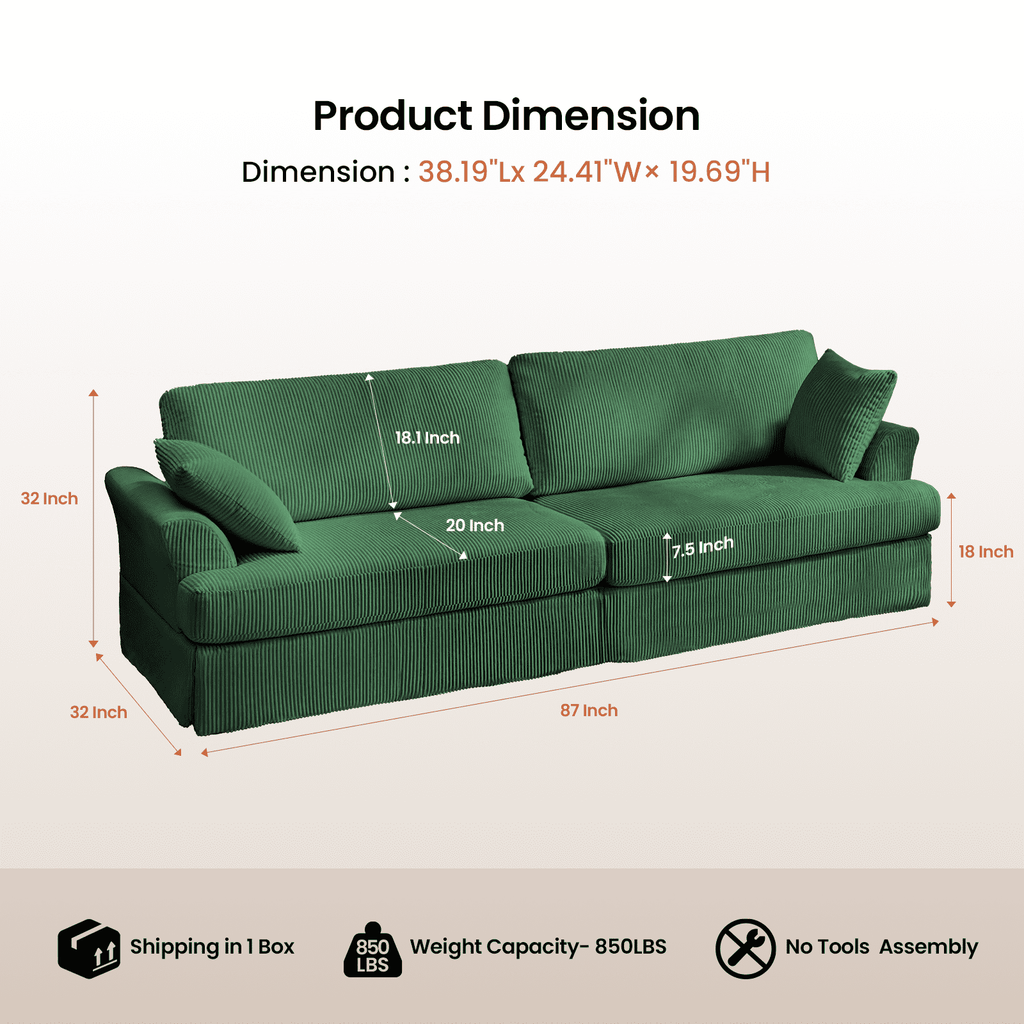 87 Sofa, Comfy Cloud Couch, Upholstered Couch for Living Room, Green
