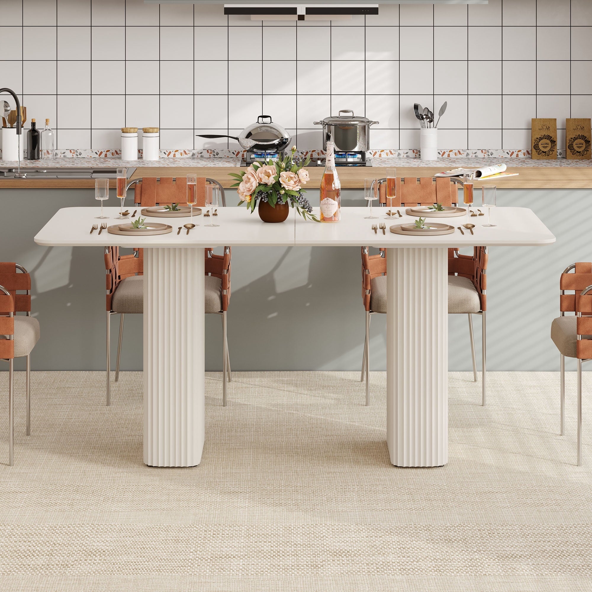 Dextrus 63  Modern Dining Table with Curved Wave Legs, Cream White Rectangular Kitchen Table for 4-6 Person, Dining Room Table for Gathering, Kitchen, Dining Living Room