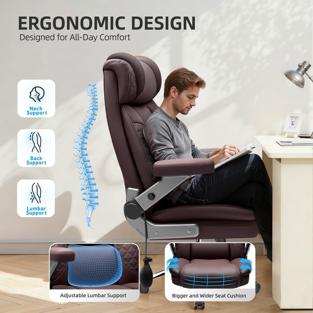 FASTES Leather Office Chair Big and Tall Desk Office Chair, 500lbs Computer Chair Ergonomic Extra Wide Gaming Chair with Adjustable Lumbar Support 5D Flip Arms, Black