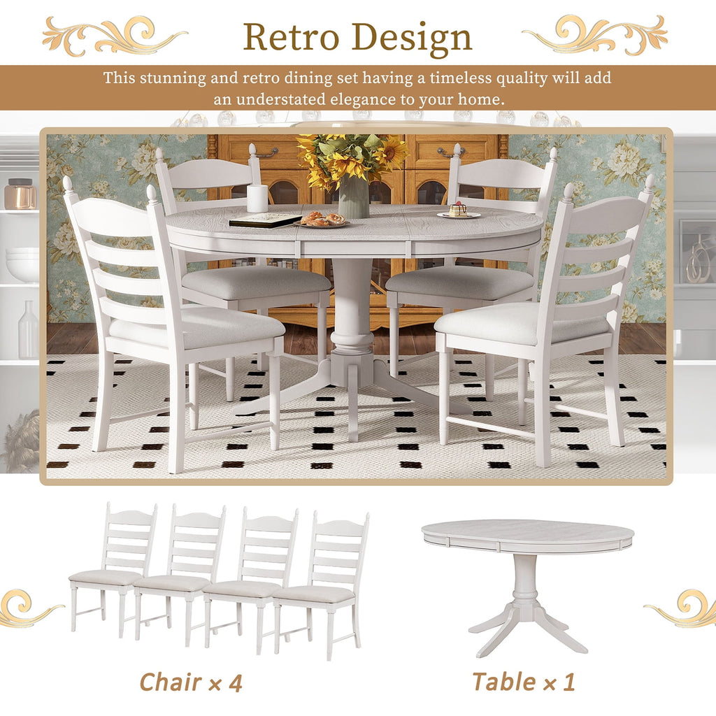 Harper & Bright Designs Farmhouse 5 Piece Kitchen Dining Table Set for 4, Solid Wood Extendable Round Dining Table Set and 4 Upholstered Chairs, Retro Dining Set for Kitchen, Natural Wood Wash