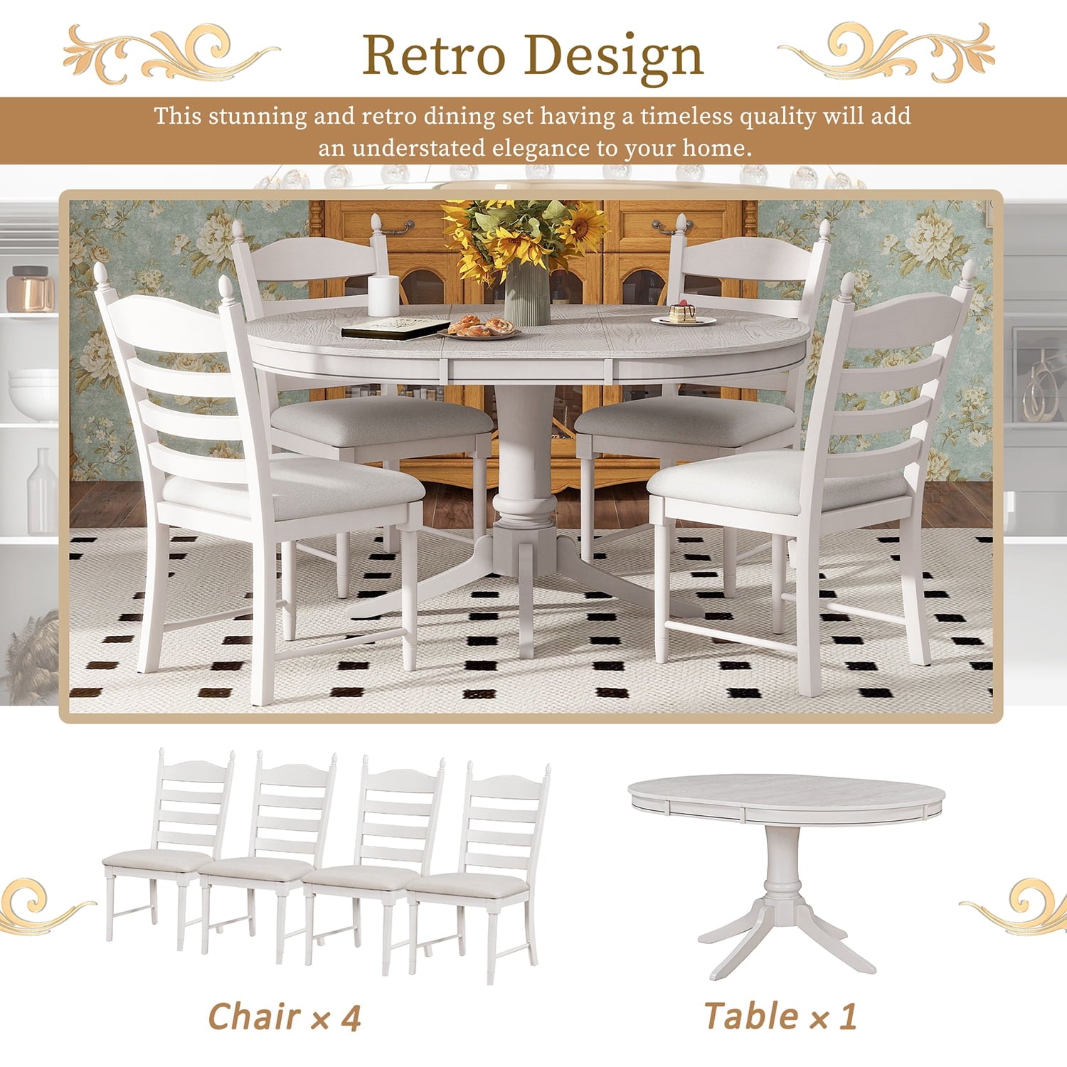 Harper & Bright Designs Farmhouse 5 Piece Kitchen Dining Table Set for 4, Solid Wood Extendable Round Dining Table Set and 4 Upholstered Chairs, Retro Dining Set for Kitchen, Natural Wood Wash