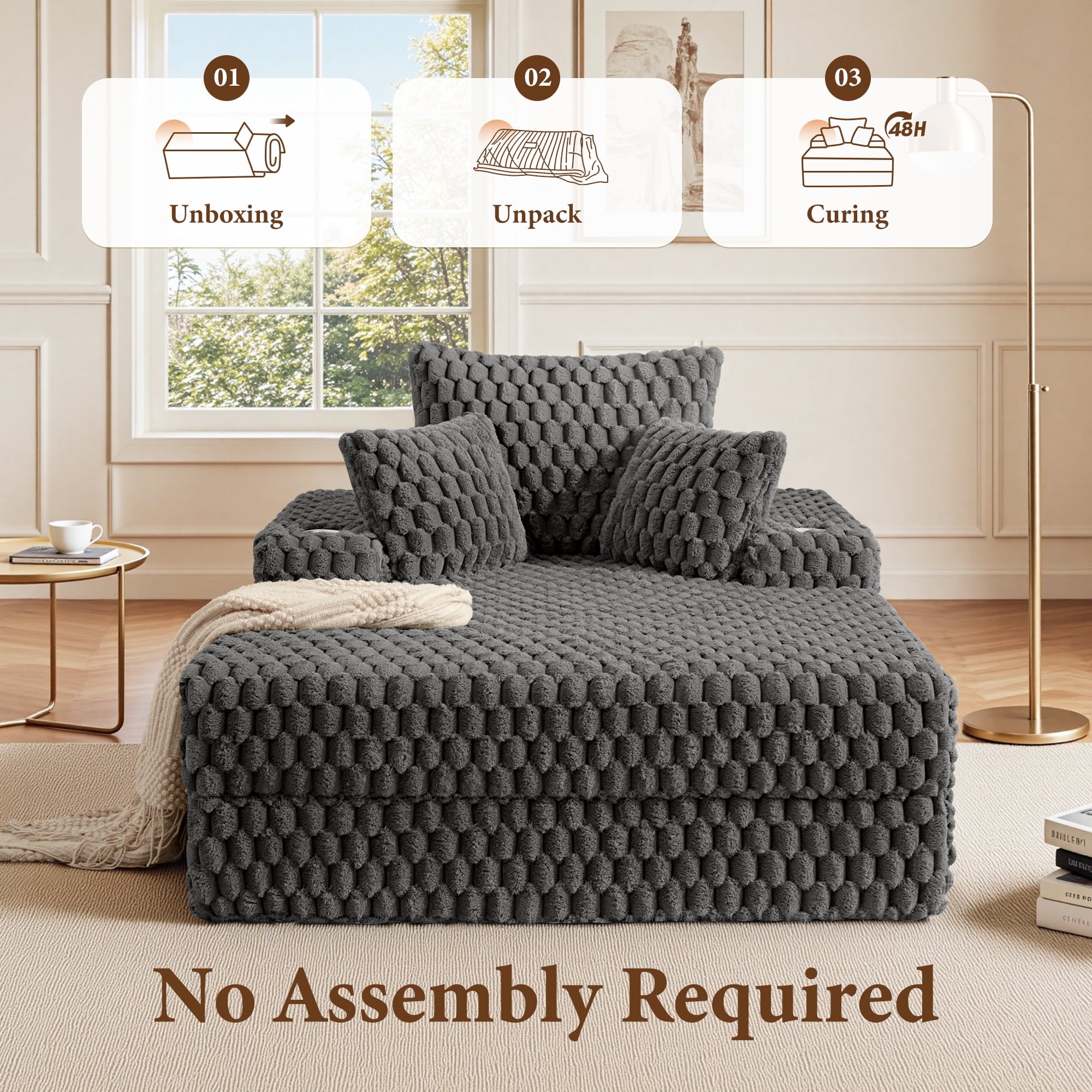 ATHOPE 67.3 Chaise Lounge Chair Indoor, Corduroy Couch Chair with Pillows, Comfy Reading Chairs with Wide Arms, Upholstered Sleeper Sofa for Living Room, No Assembly Required, Gray
