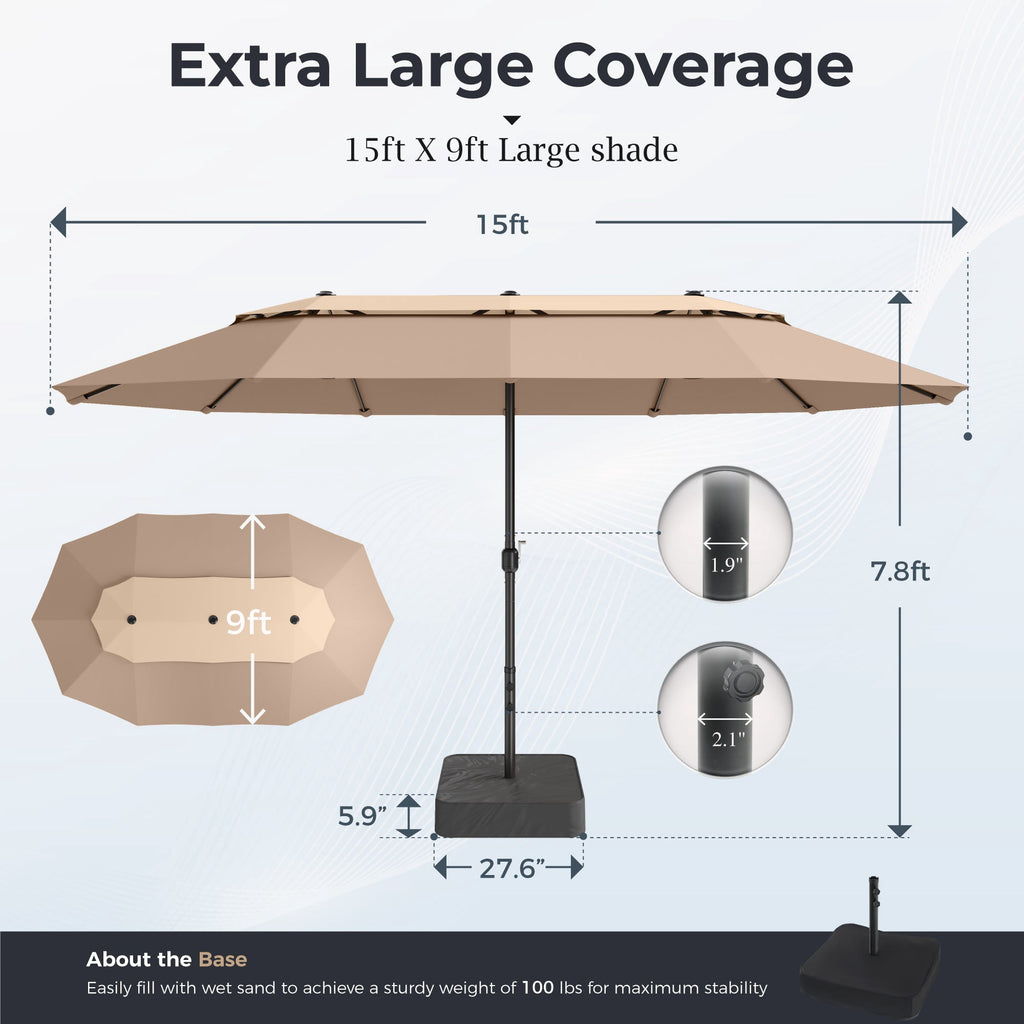 Alpha Joy 15ft Dual-Layer Outdoor Patio Umbrella Extra-Large Double-Sided Garden Umbrella with Ventilation and Base - Beige