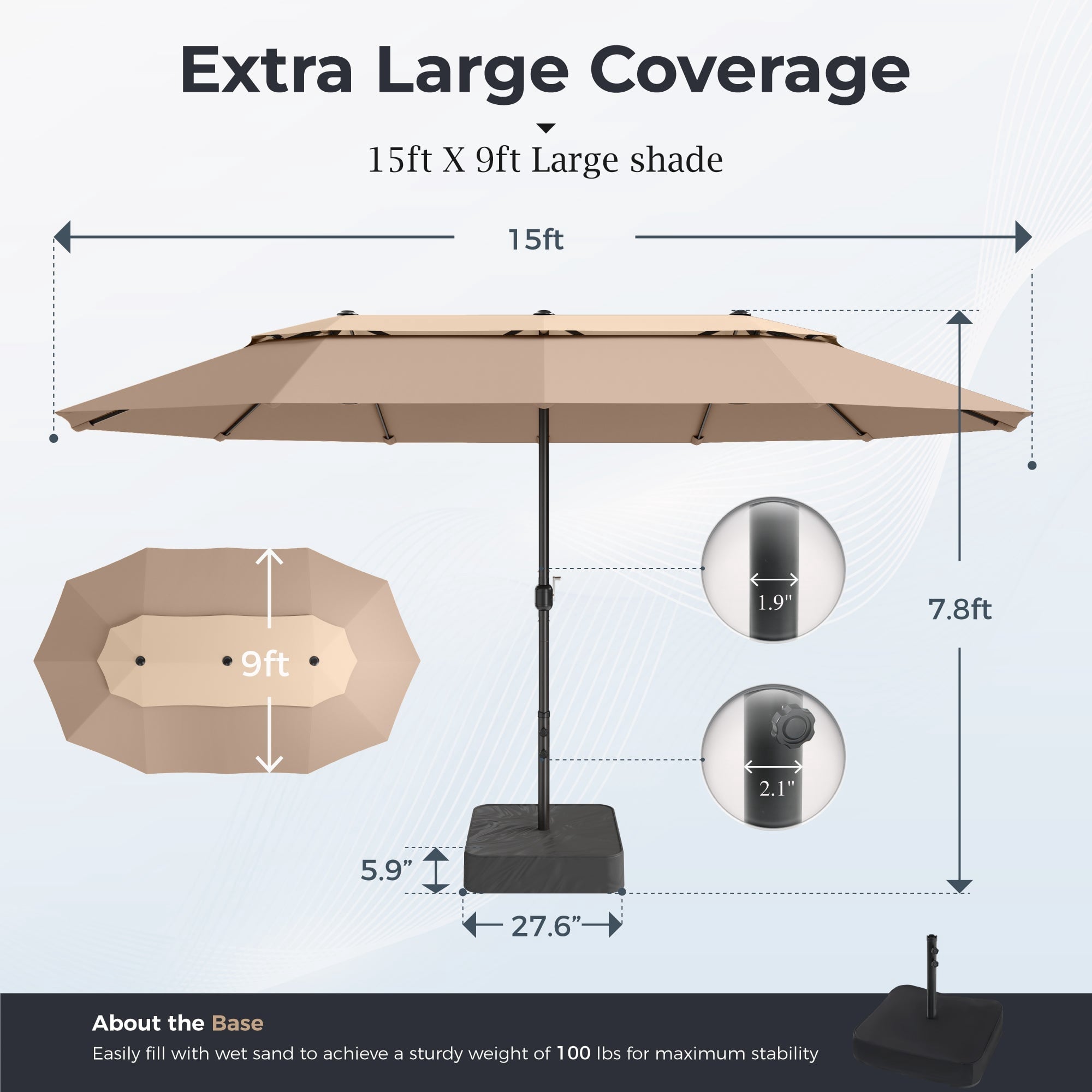Alpha Joy 15ft Dual-Layer Outdoor Patio Umbrella Extra-Large Double-Sided Garden Umbrella with Ventilation and Base - Beige