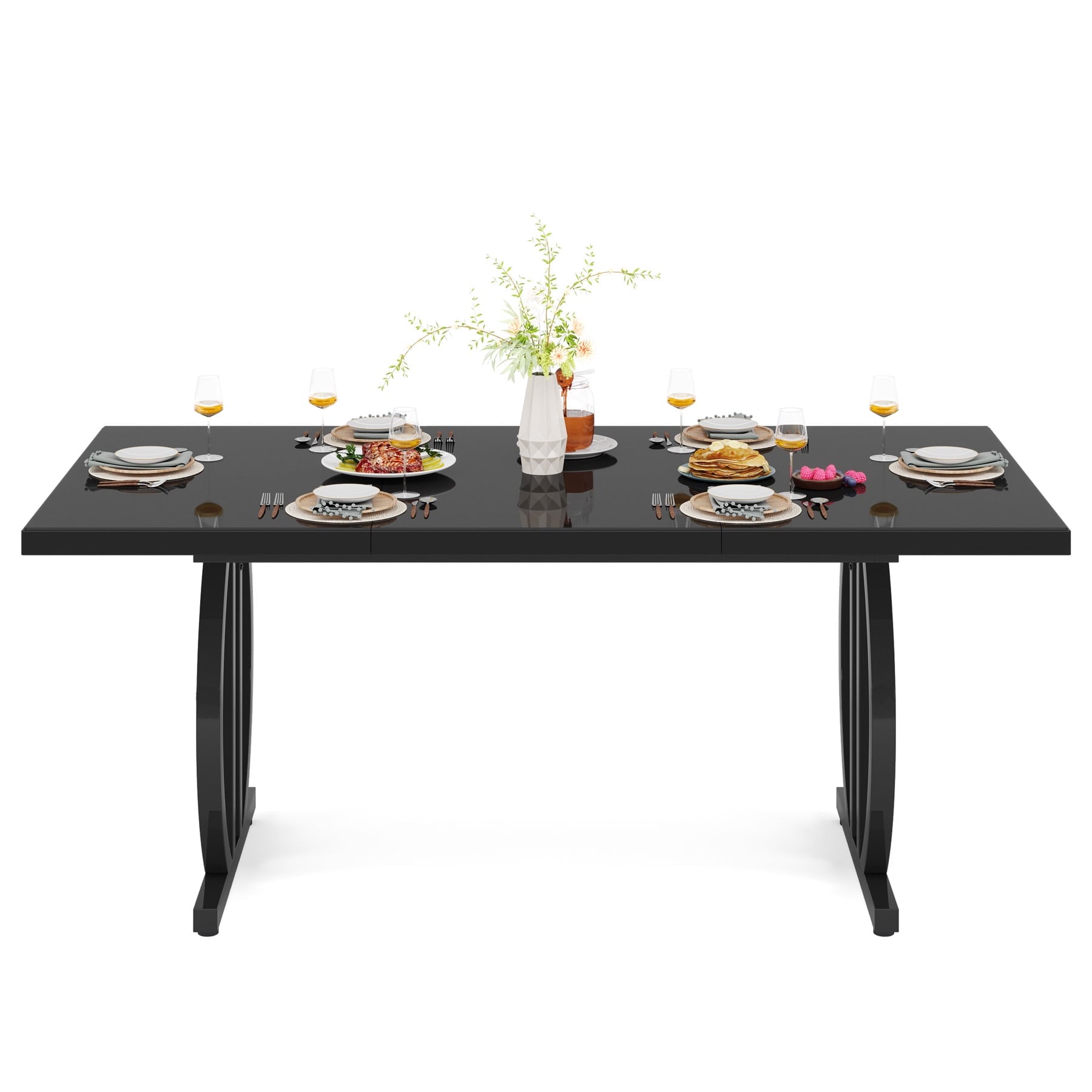 Fnova 63 Modern Dining Table for 6-8 People, Rectangular Kitchen Table with Sturdy Metal Frame, Dinner Table for Dining Room, Kitchen, Living Room, Home Office, Apartment