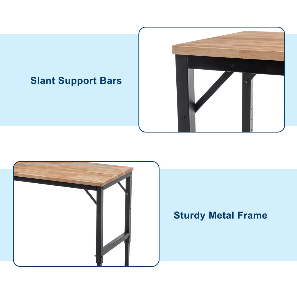 Black Metal & Wood 48 in Heavy-Duty Adjustable Workbench for Garage - 2000+ Lbs Capacity