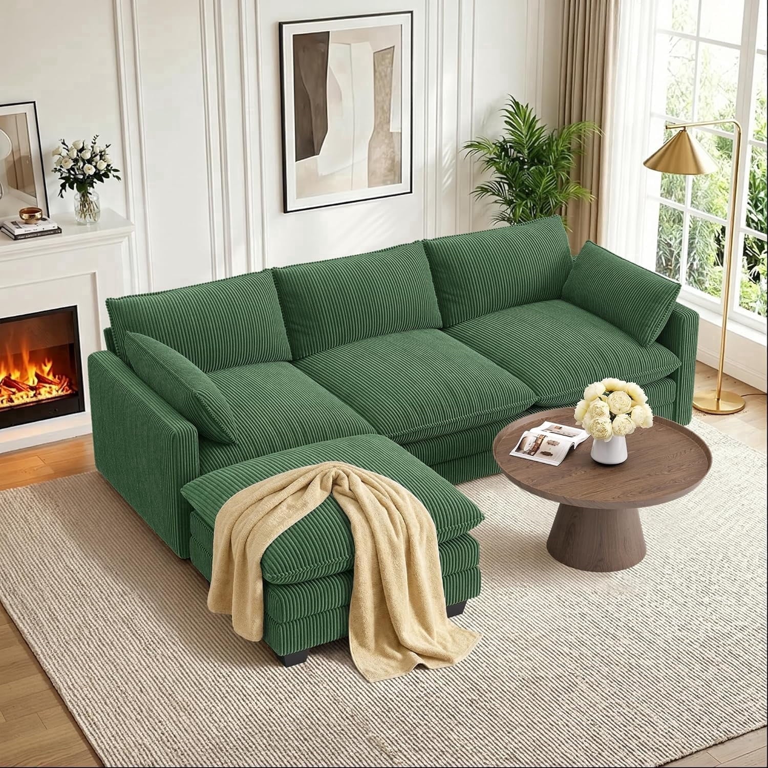 110'' Oversized L Shaped Couch for Living Room, Cloud Couches with Washable Corduroy Cover, Modern 4-Seater Comfy Deep-Seat Sofa with Movable Ottoman and 2 Throw Pillows for Apartment, Gray