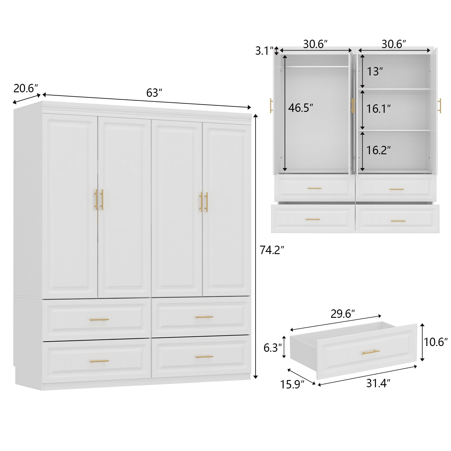 WIAWG 4 Door Wardrobe Closet with 4 Drawers & Shelves, Armoire Wardrobe Closet with Hanging Rod, for Bedroom White and Gold