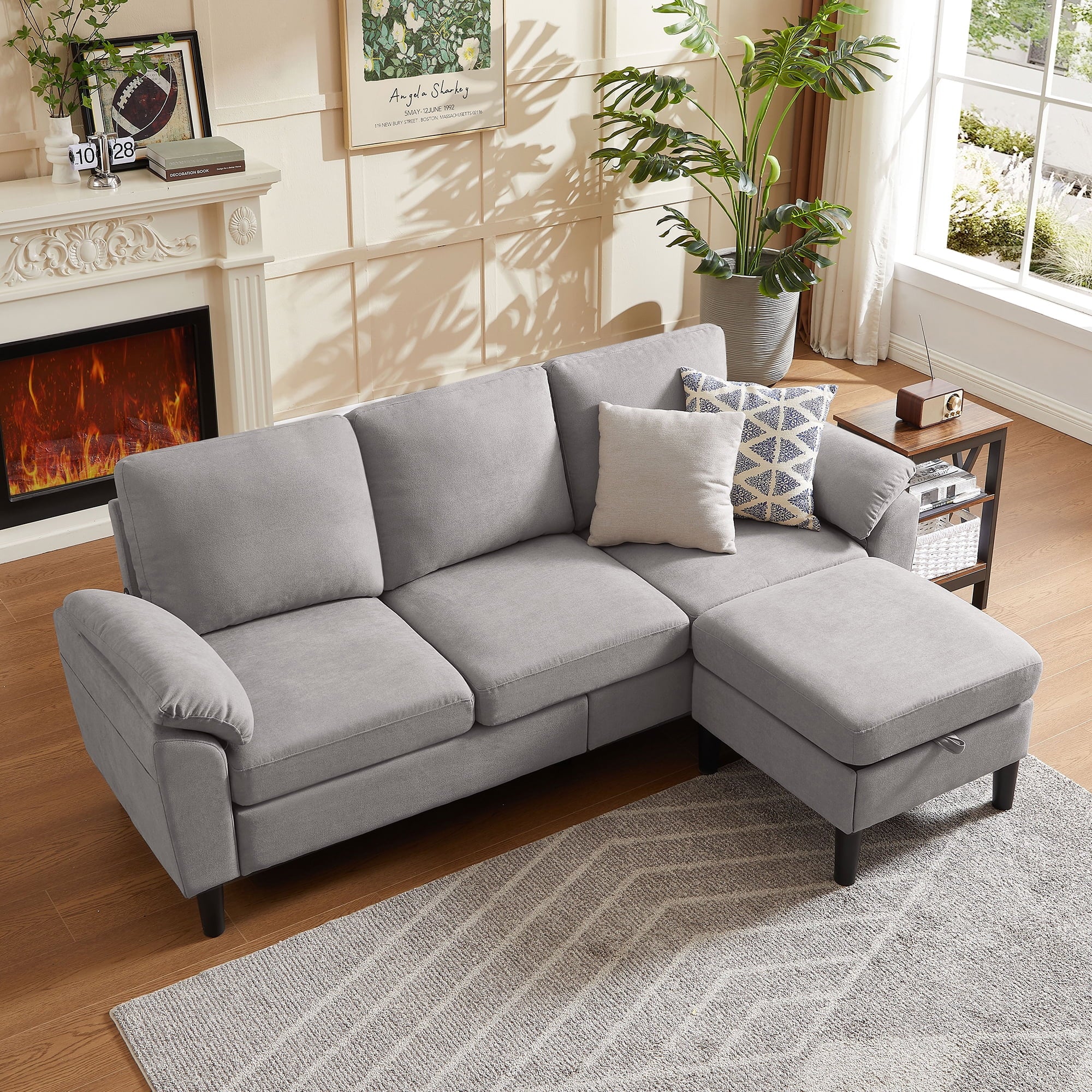 Jarenie 80 Convertible Sectional Sofa, Small L Shaped 3 Seat Couch with Reversible Storage Chaise, Modern Polyester Fabric Sofa Couches for Living Room, Apartment and Small Space, Beige