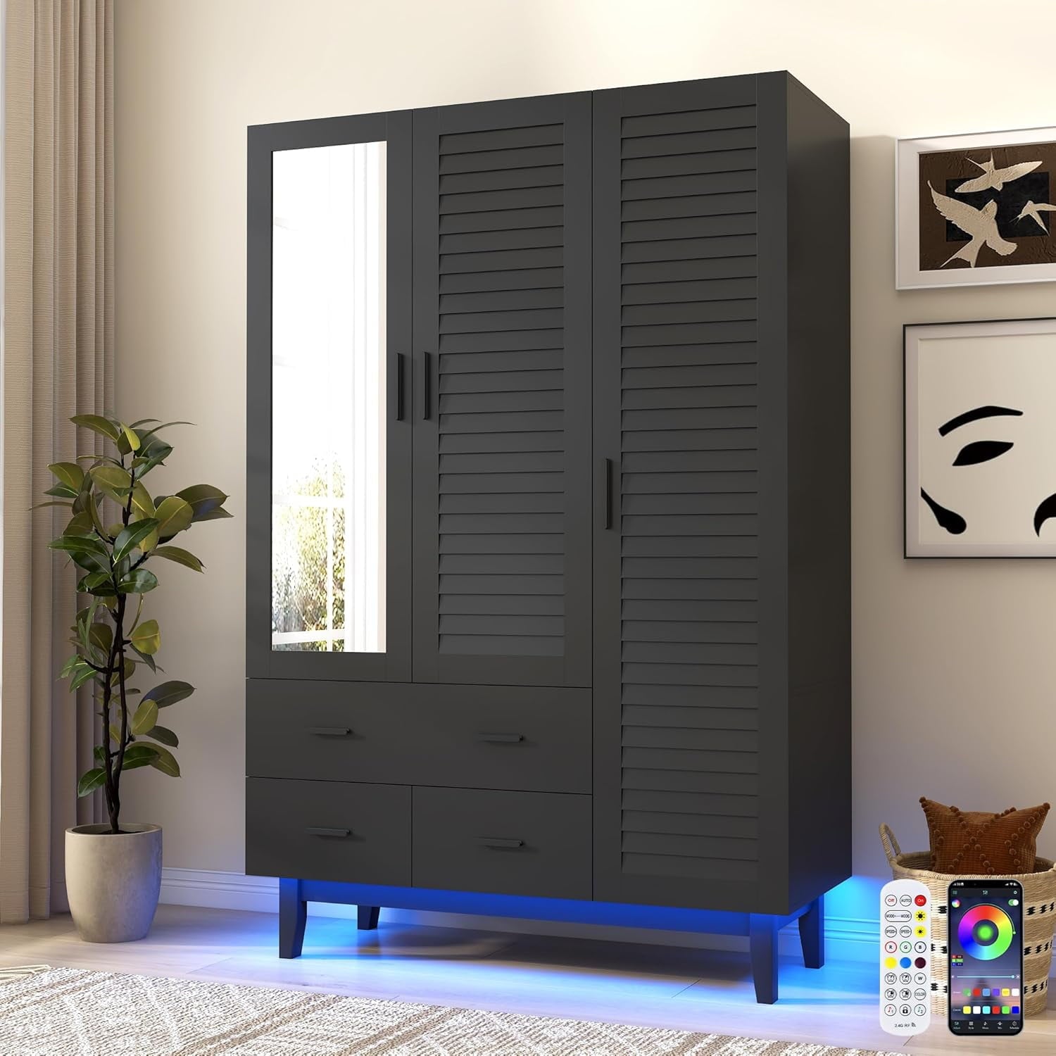Blotout 70 Armoire Wardrobe Closet with Mirror & LED Lights, LED White Louver Door Wardrobe Armoire with 3 Drawers & Hanging Rods, Large 3 Doors Armoire Storage with Multi-Layer Shelves