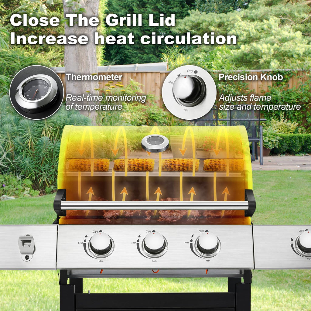 MELLCOM Upgraded 36,000 BTU Stainless Steel Burner Barbecue Grill, 3 Burner BBQ Propane Gas Grill with Cast Iron Grates & Side Stove for Patio, Camping, Outdoor Cooking