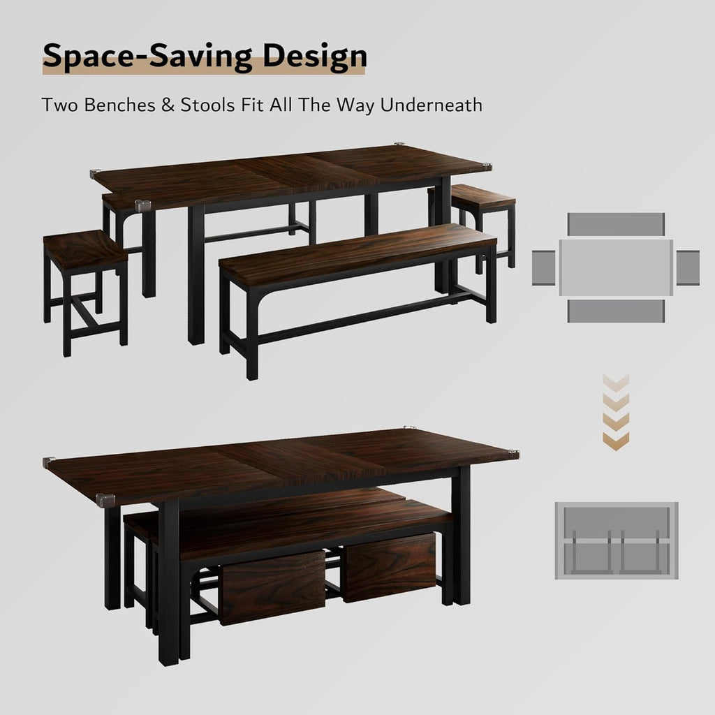 iPormis 5-Piece Dining Table Set for 4-8 People, Extendable Kitchen Table Set with 2 Benches and 2 Square Stools, Espresso