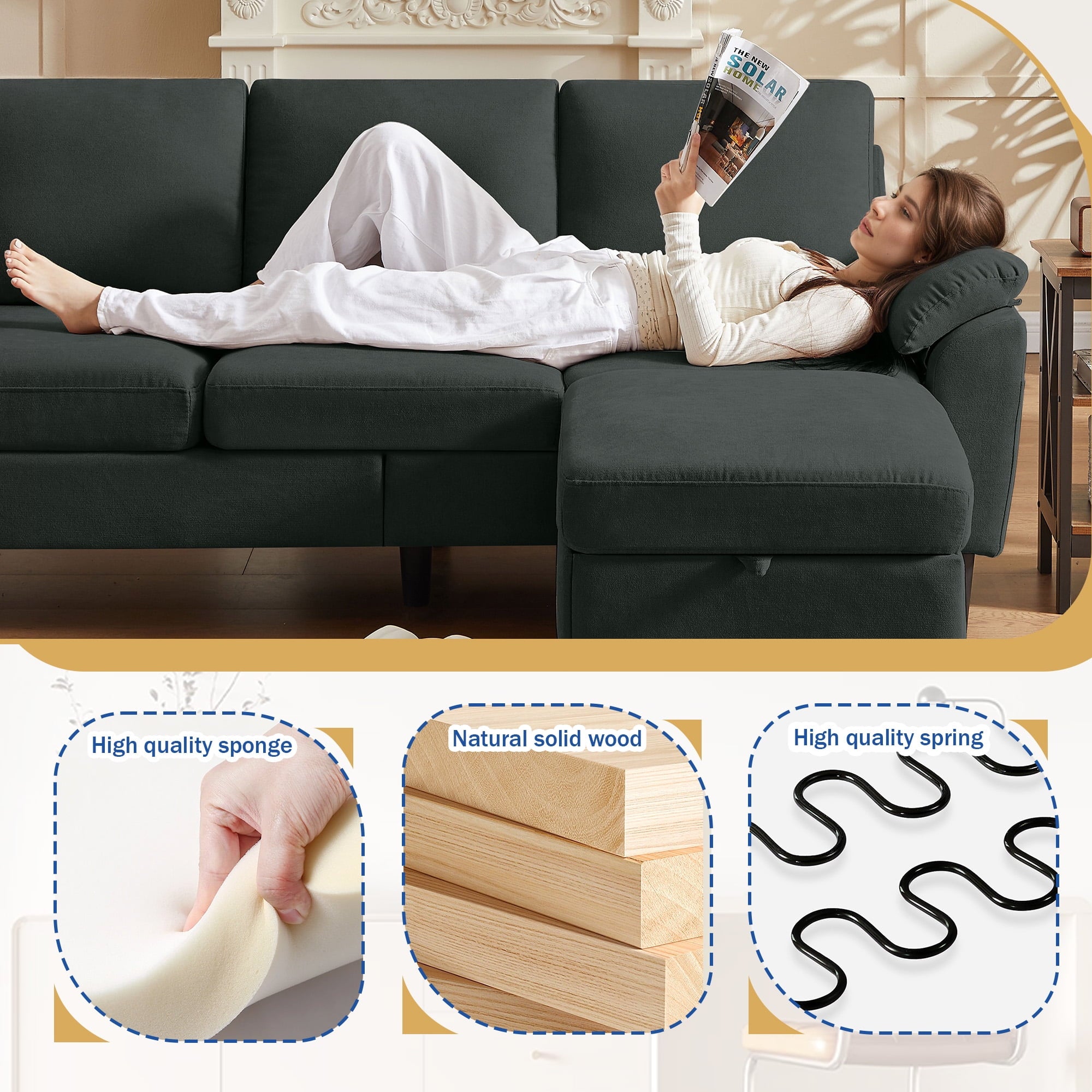 Jarenie 80 Convertible Sectional Sofa, Small L Shaped 3 Seat Couch with Reversible Storage Chaise, Modern Polyester Fabric Sofa Couches for Living Room, Apartment and Small Space, Beige