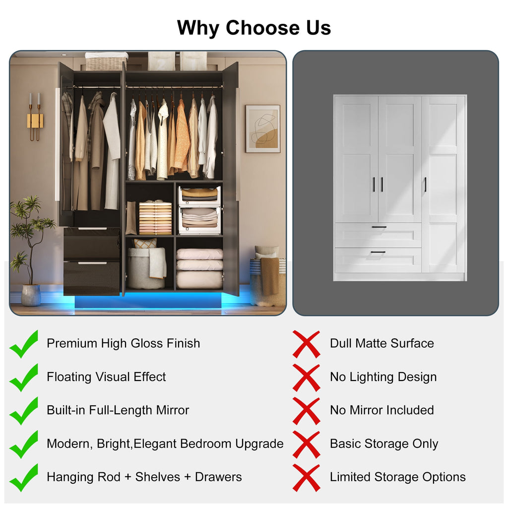 ANPOO 3 Door Wardrobe Closet with 2 Drawers & Mirror, 70H High Gloss LED Wardrobe Armoire with Hanging Rod, Wooden Large Freestanding Storage Wardrobe for Bedroom, High Gloss White Armoire