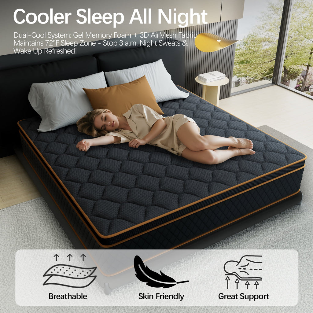 Mronae 12 Full Mattress,Black Cooling Gel Memory & Spring Hybrid Medium Comfort Full Size Mattress in a Box,Audlt,CertiPUR-US
