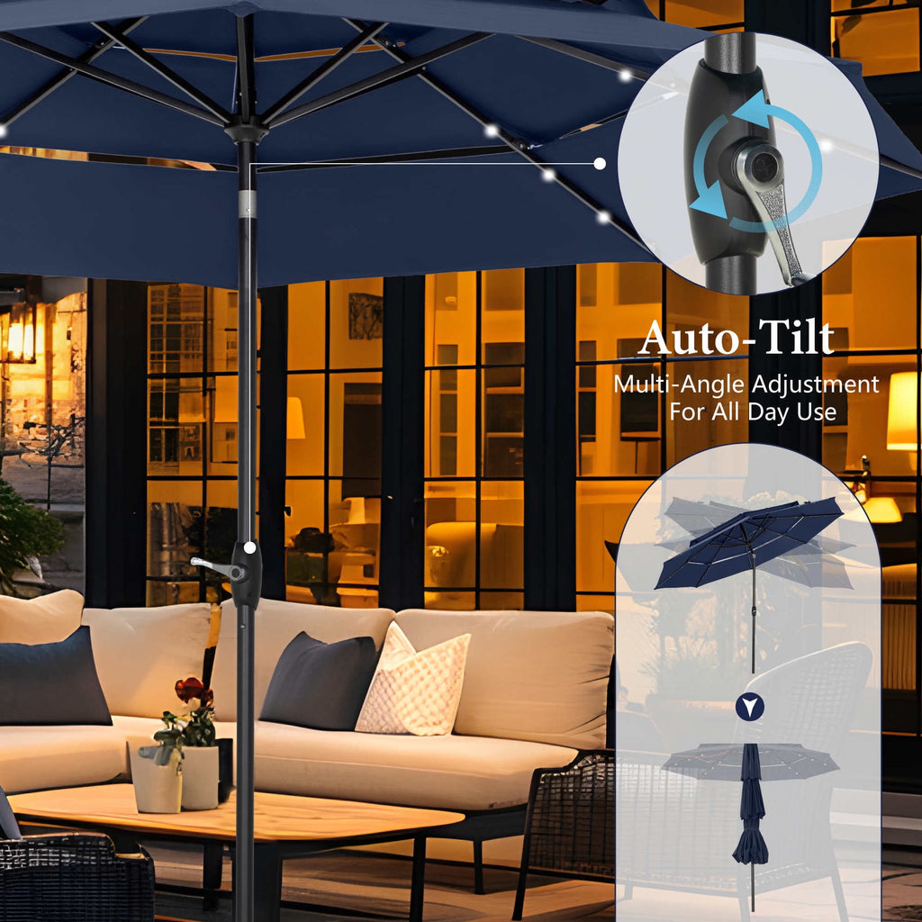 Summit Living 10ft Patio Umbrella with Solar Lights 3-Tier Vented Outdoor Market Umbrella with Auto-Tilt – Beige