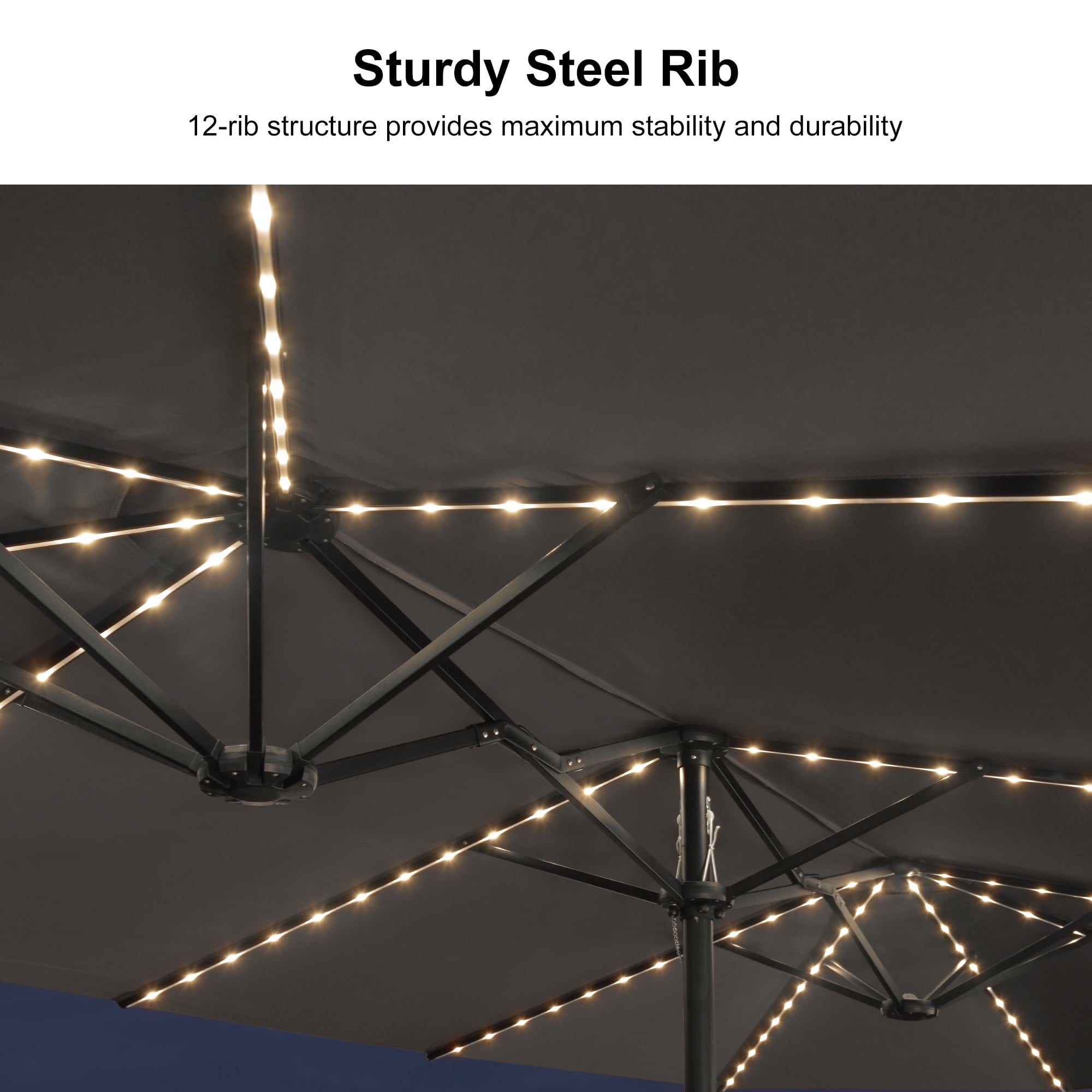 PURPLE LEAF 13ft Market Patio Umbrella with Solar LED and Base Double-Sided Sun Umbrellas for Pool Beach Deck Backyard Taupe