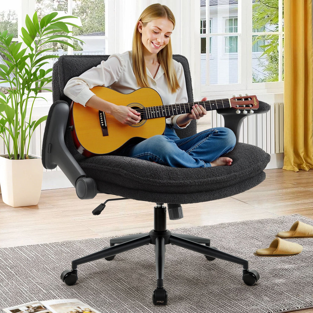 Cross Legged Office Chair with Flip-up Armrests for ADHD, Extra Wide Seat Criss Cross Desk Chair with Stretchable Footrest & Wheels for Adults, Ergonomic Meditation Chair for Home Office Black