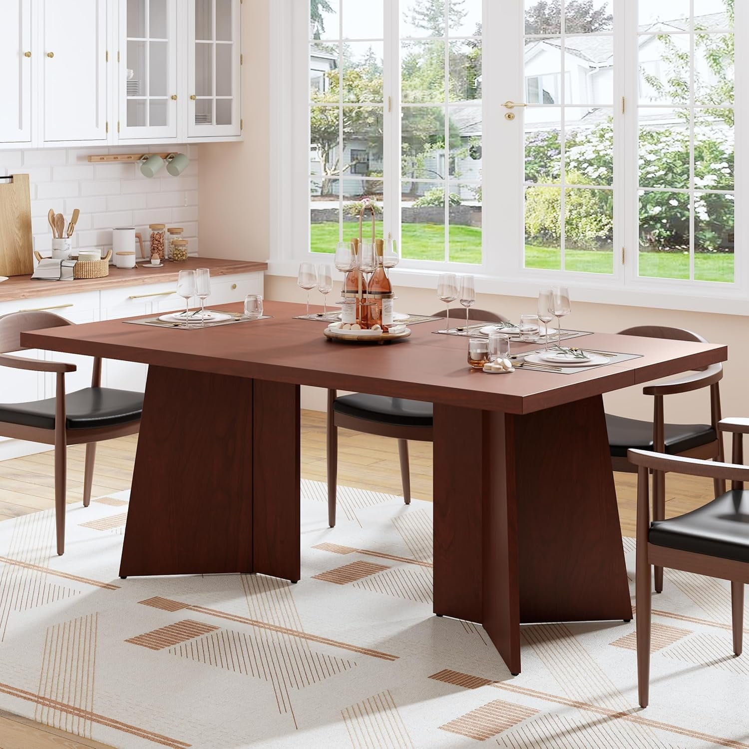 Dining Table for 6-8 People - 63 Modern Long Kitchen Table with Large Tabletop & Heavy Duty Pedestal Legs, Dinner Table for Kitchen, Conference Room, Home, Walnut