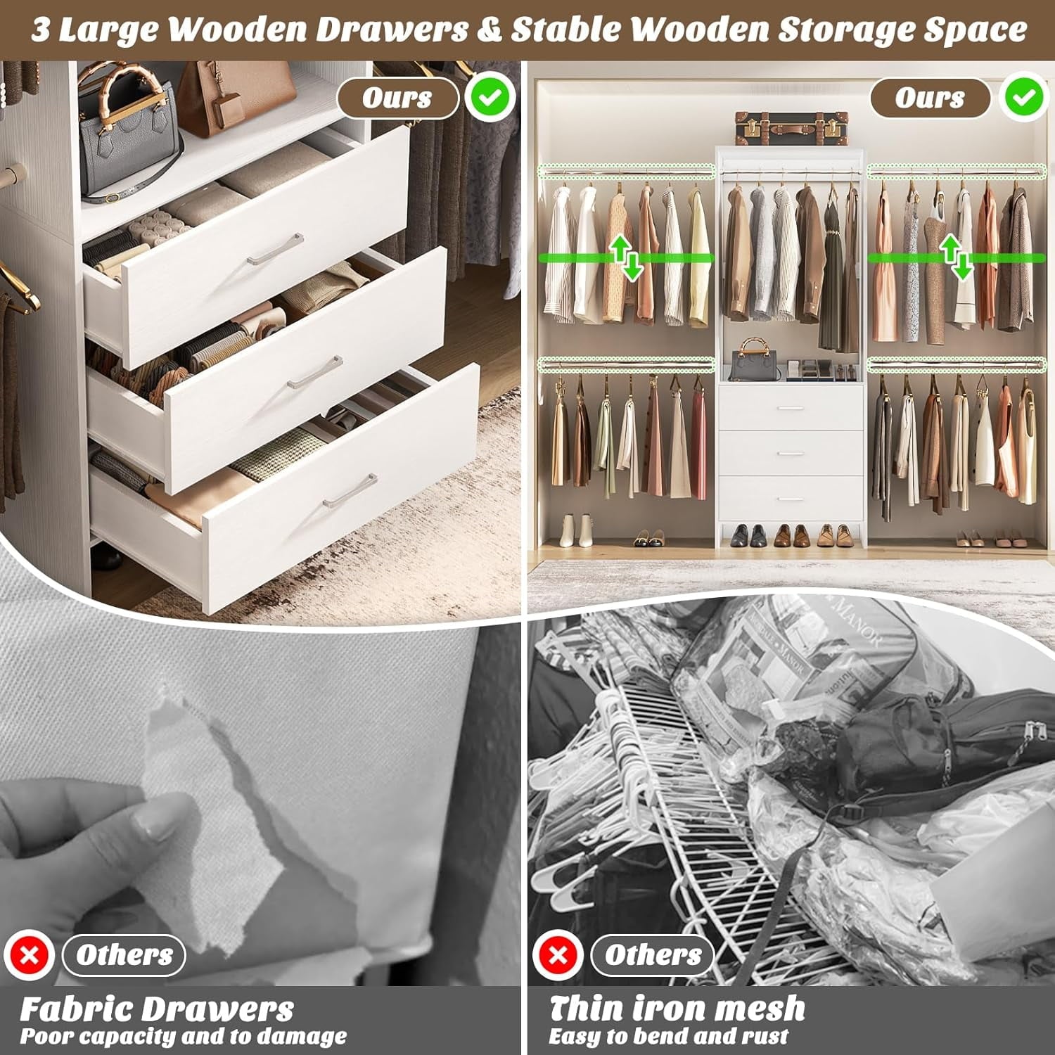 Homieasy Closet System, Closet Organizer with 3 Wooden Drawers, Walk-in Closet Wardrobe Clothes Rack with 4 Hanging Rods, Garment Rack, White