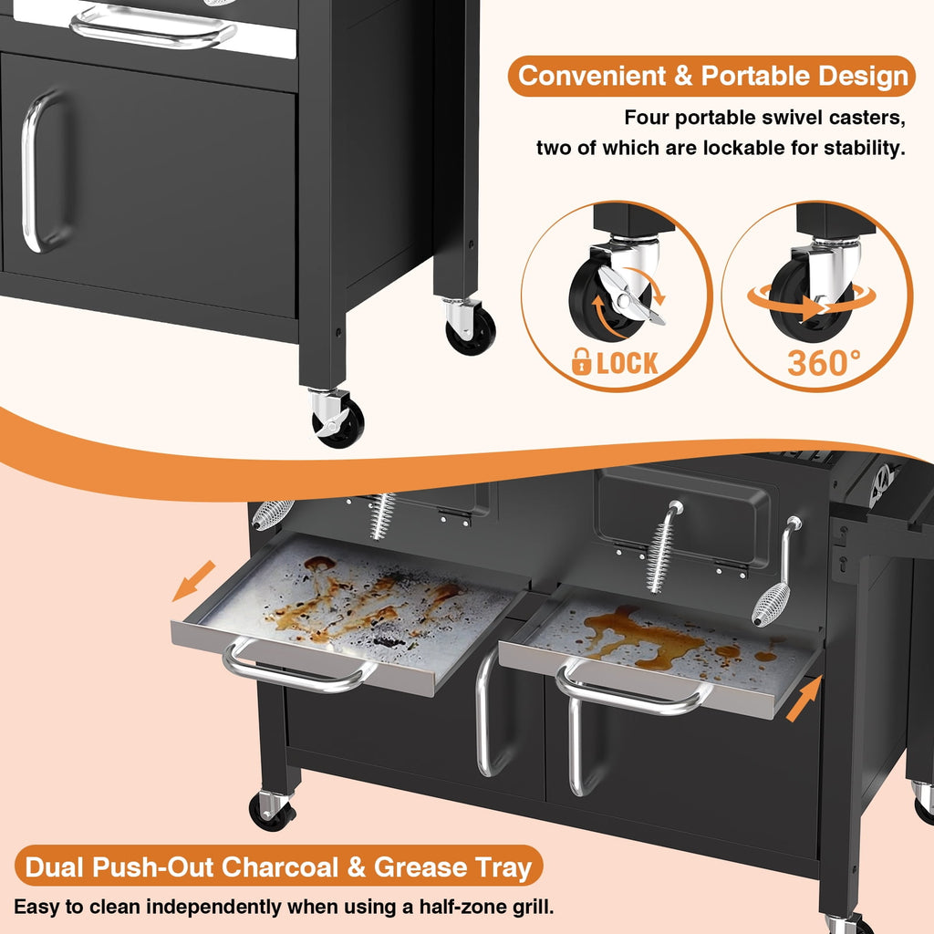 Frizi Charcoal Grill Outdoor BBQ  Cooking Grill with2 Individual Lifting Charcoal Trays and 2 Foldable Side Tables