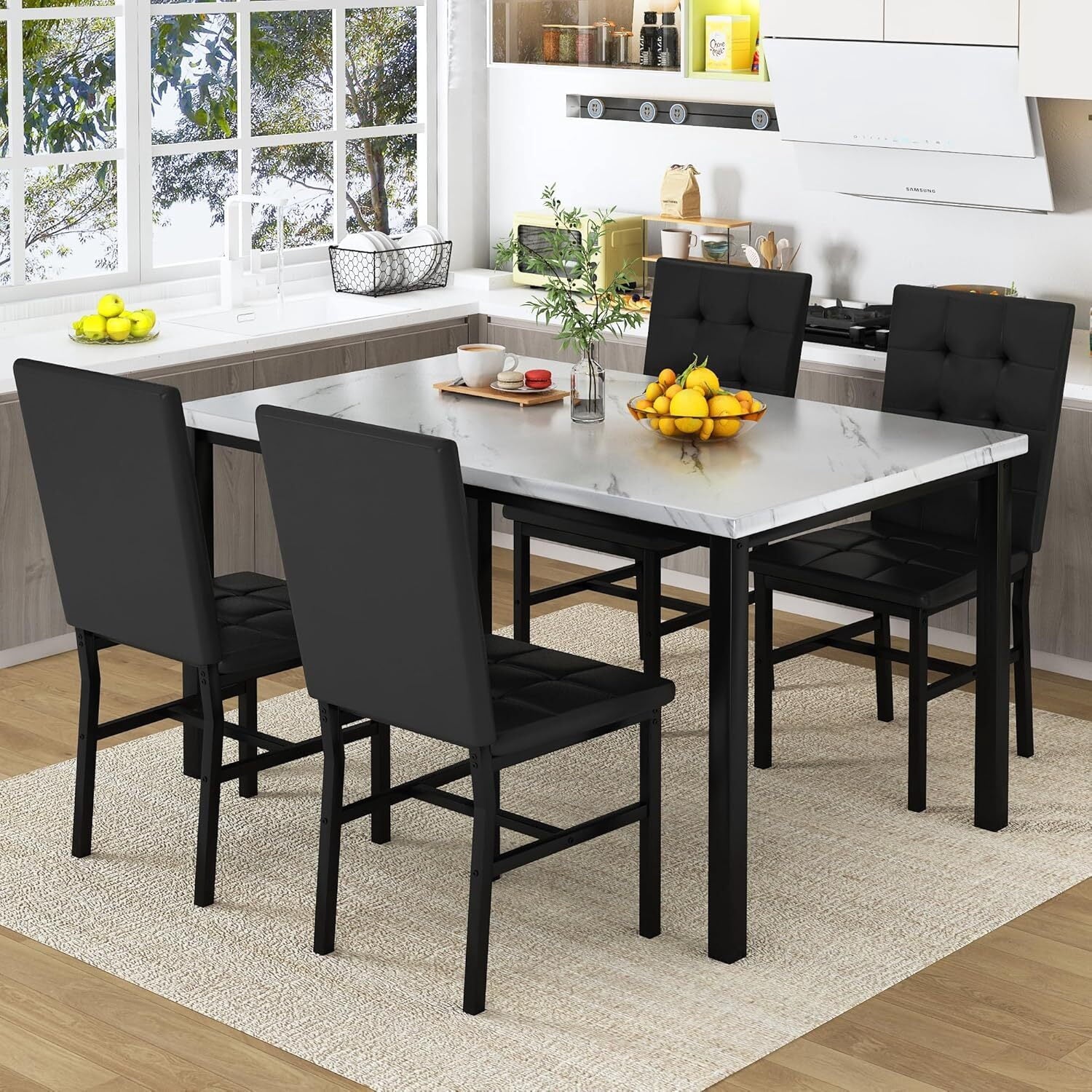 MOOSENG 5-Piece Dining Table Set with Faux Marble Top, Modern Kitchen Table and Set of 4 Grey Velvet Upholstered Chairs, Space-Saving Dinette Set for Small Spaces