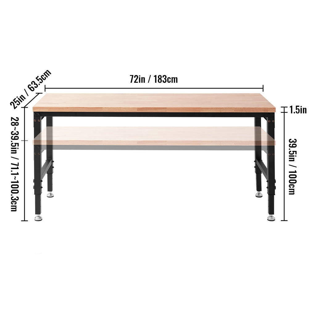 KFFKFF Adjustable Height Workbench 72L x 25W Work Bench Table w/ Power Outlets
