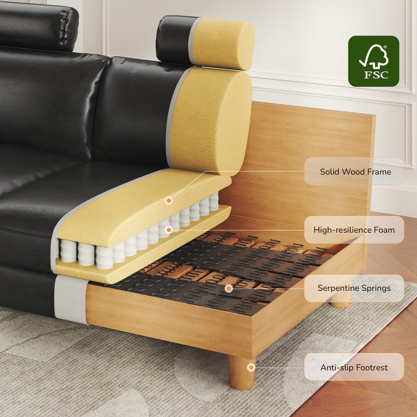 87 Sofa Premium PU Leather Couch with Headrest, Comfy 27 Extra Deep Seat 3 Seater Sofa for Living Room, Includes 2 Pillows, Black