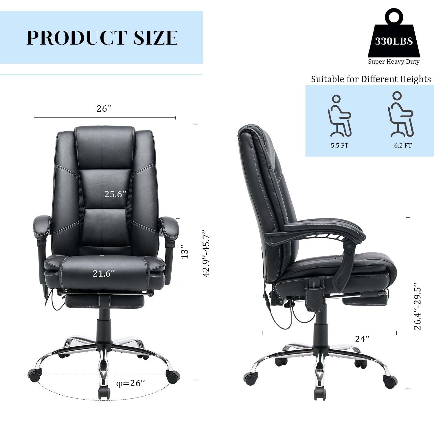HOMREST Ergonomic Office Chair with 6-Point Massage & Heating, Adjustable Executive Desk Chair with Retractable Footrest, PU Leather Home Office Desk Chair for Home & Office (Black)