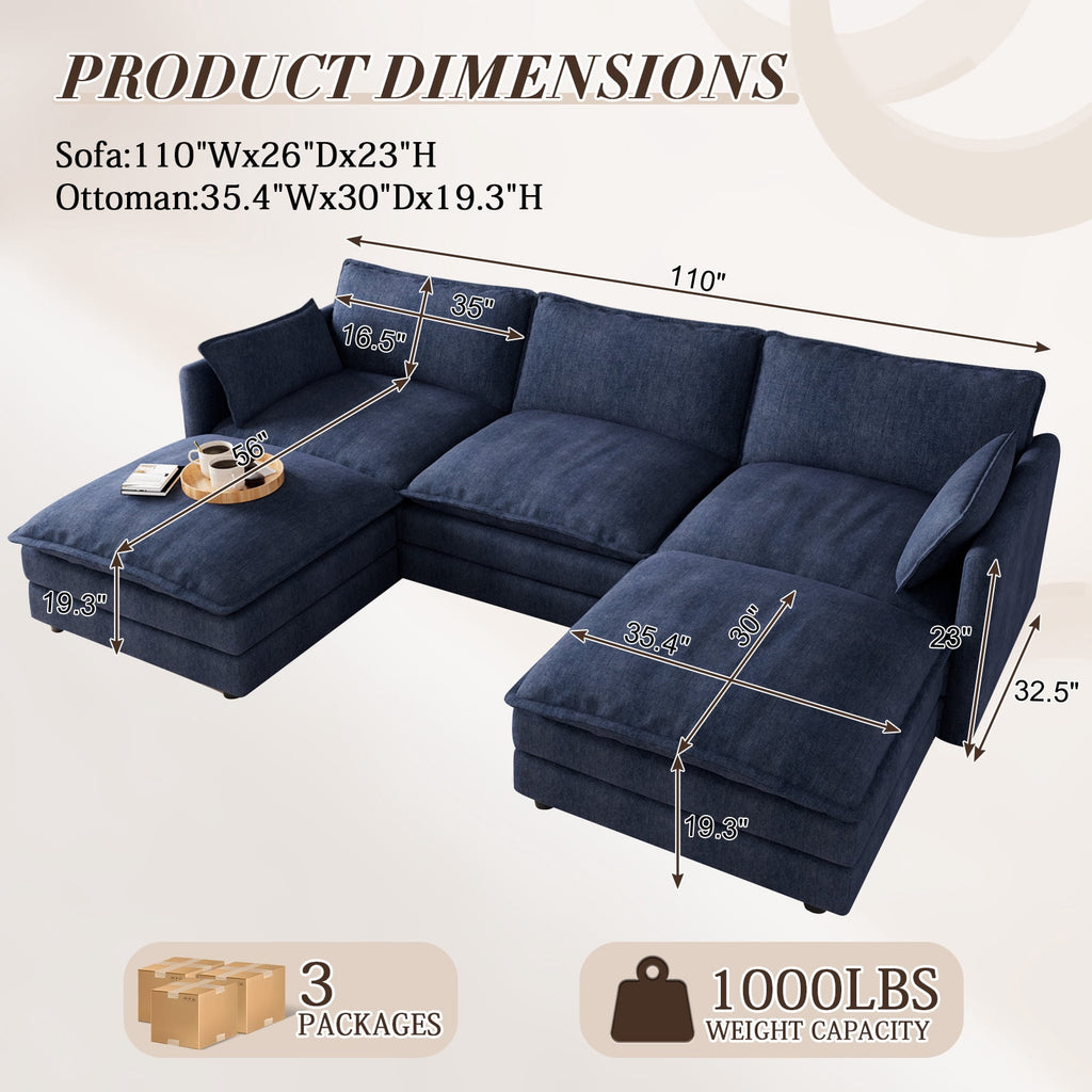 Muumblus Sectional Sofa Cloud Couch with Reversible Ottoman, L-Shaped Chenille Sofa for Living Rooms, Beige