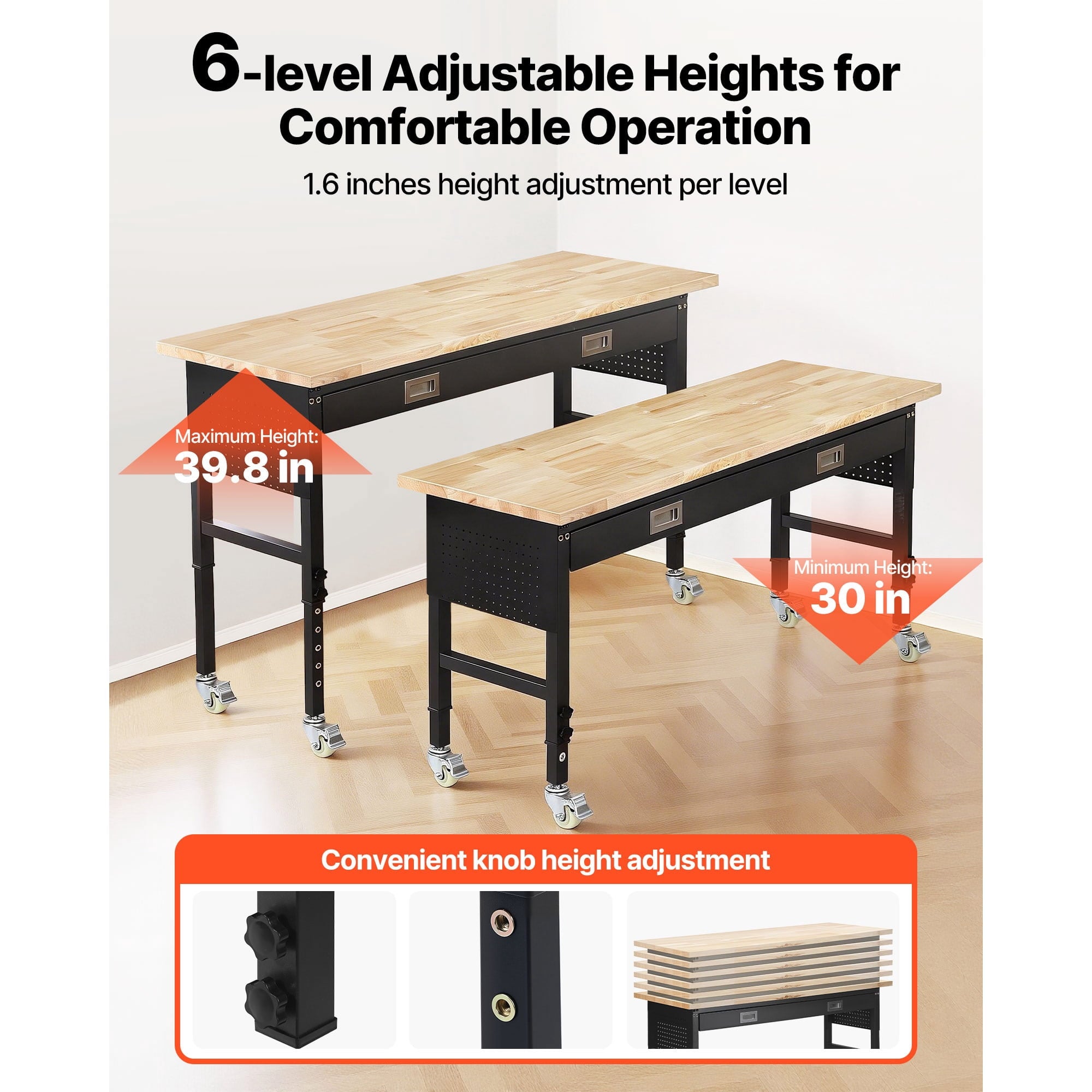 KFFKFF 60-inch Adjustable Workbench with Drawer, Power Outlet, Wheels, and Pegboard, Durable Oak Wood Top Work Table for Garage, Workshop, Office, and Home, Supports Up to 1500 lbs