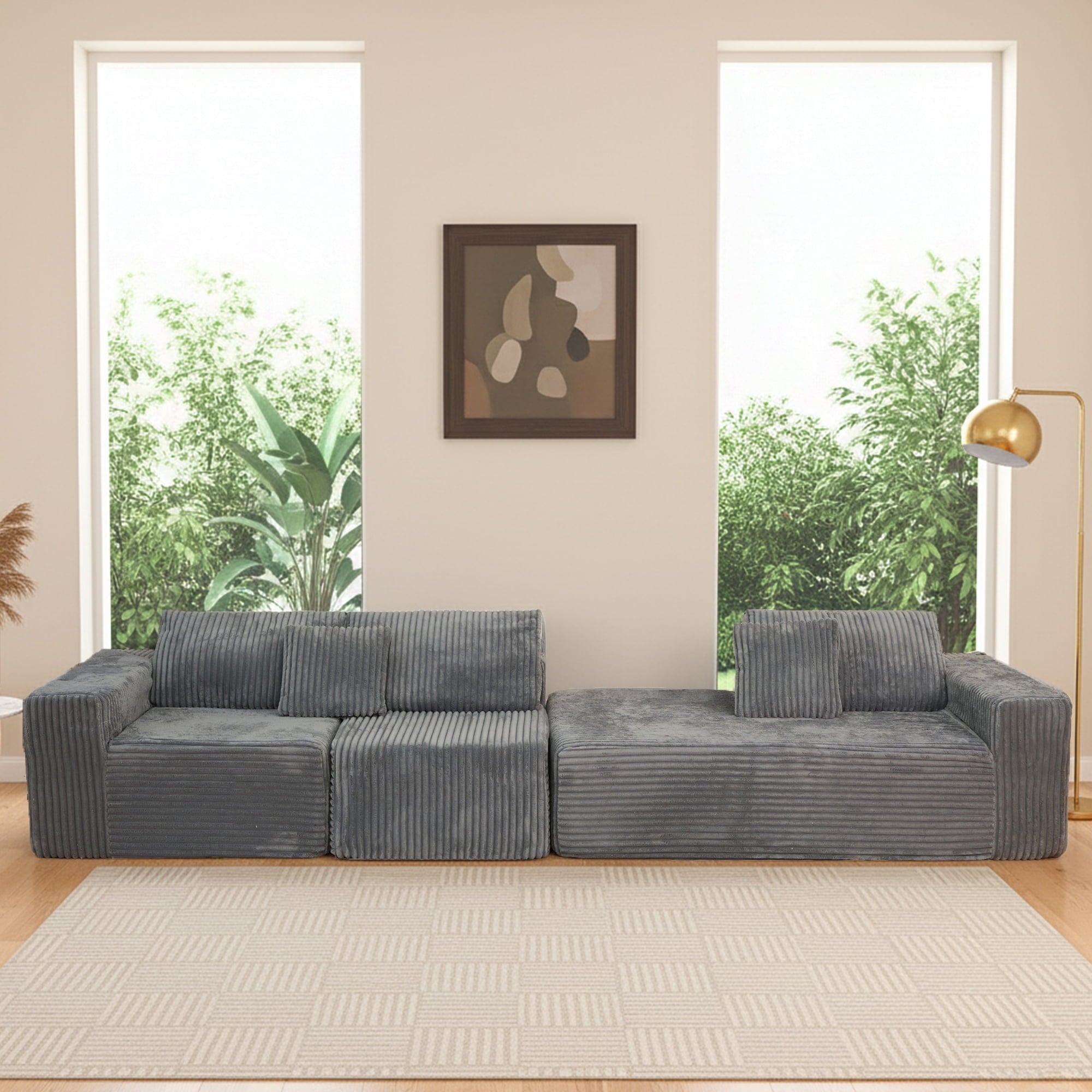 SOULART 138.5 U Shaped Sectional Couch,Gray Cloud Boneless Sofa For Living Room,Plush Corduroy Couches With Deep Seat Chaise Lounge,No Assembly Required