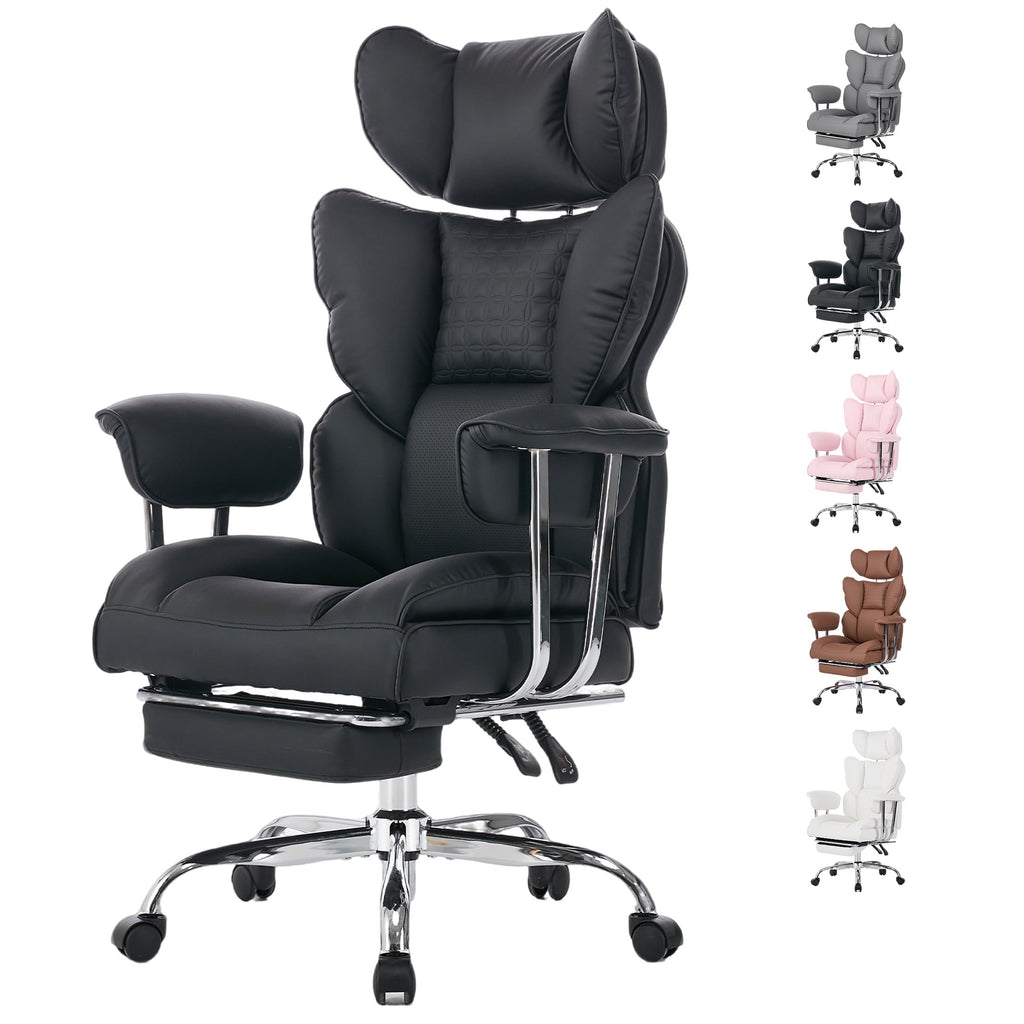 edx Executive Home Office Desk Chair, Ergonomic Big Tall High Back with Footrest & Lumbar Support, Reclining Comfy PU Leather Computer Gaming Chair with Swivel Wheels, Height Adjustable, Black
