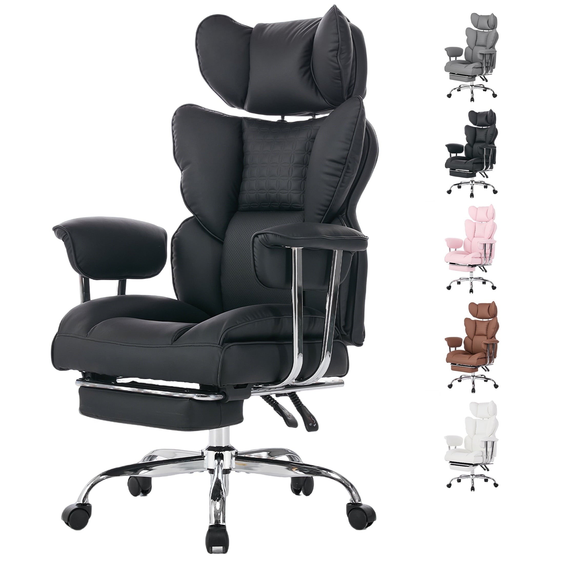 edx Executive Home Office Desk Chair, Ergonomic Big Tall High Back with Footrest & Lumbar Support, Reclining Comfy PU Leather Computer Gaming Chair with Swivel Wheels, Height Adjustable, Black