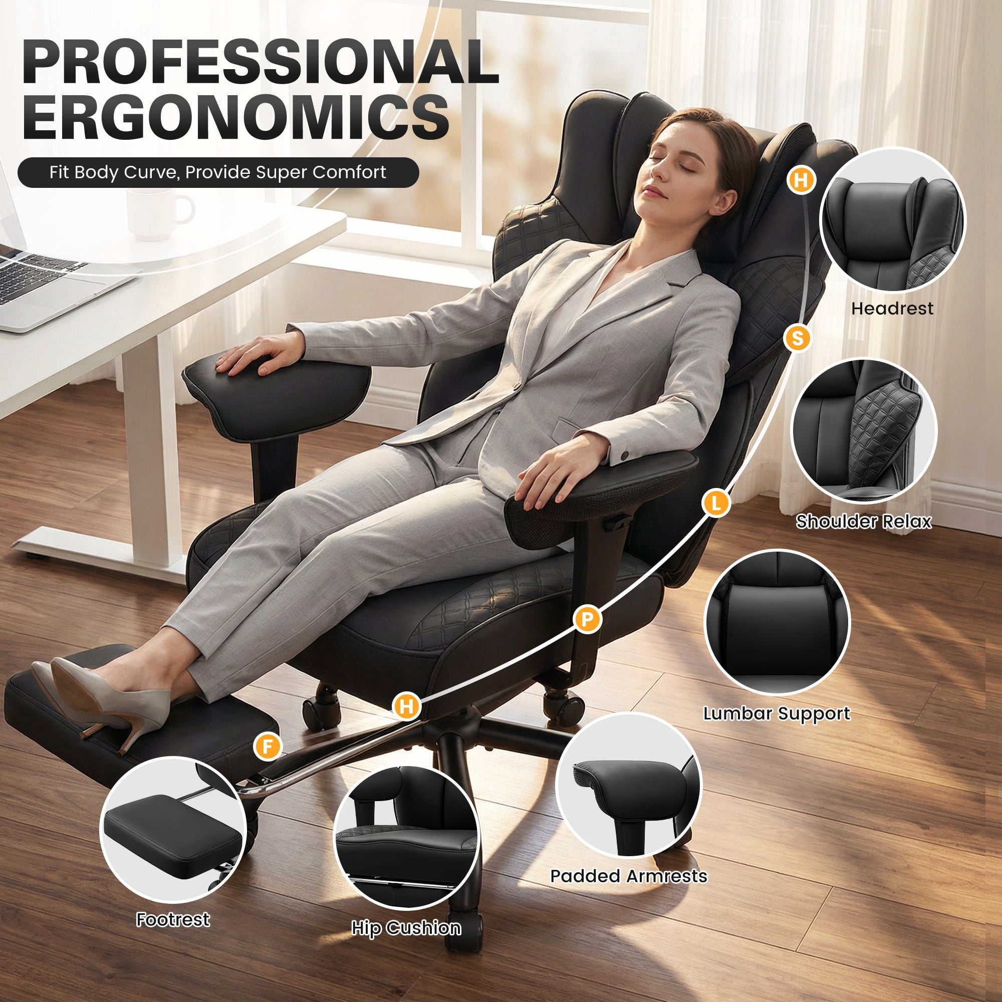 COOLHUT Big and Tall Office Chair 500lbs, Heavy Duty Ergonomic Office Desk Chair with Deluxe Embossing PU Leather with Footrest, Executive Gaming Chair with Lumbar Support, Brown