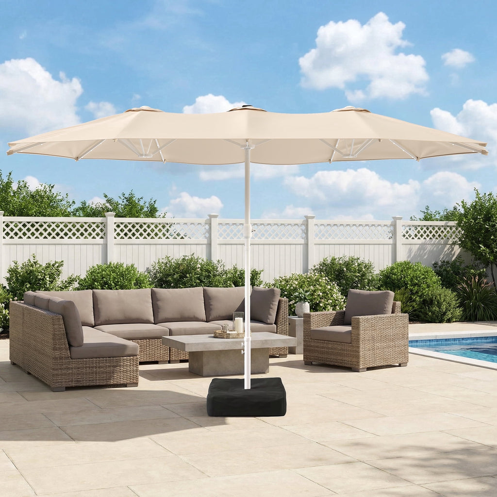 LAZZO 15ft Large Patio Umbrella with Base and Lights, Double-Sided Rectangular Outdoor Deck Umbrella, Tiki Style