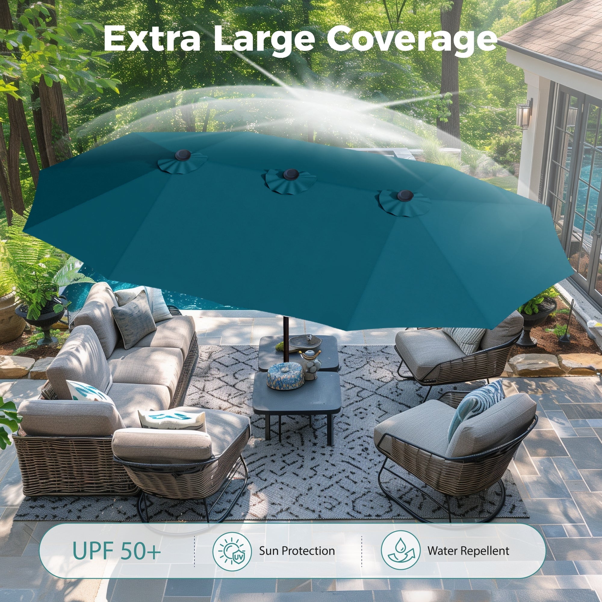 Alpha Joy 15ft Outdoor Patio Umbrella Extra-Large Double-Sided Garden Umbrella with Crank Handle and Base - Smoky Gray